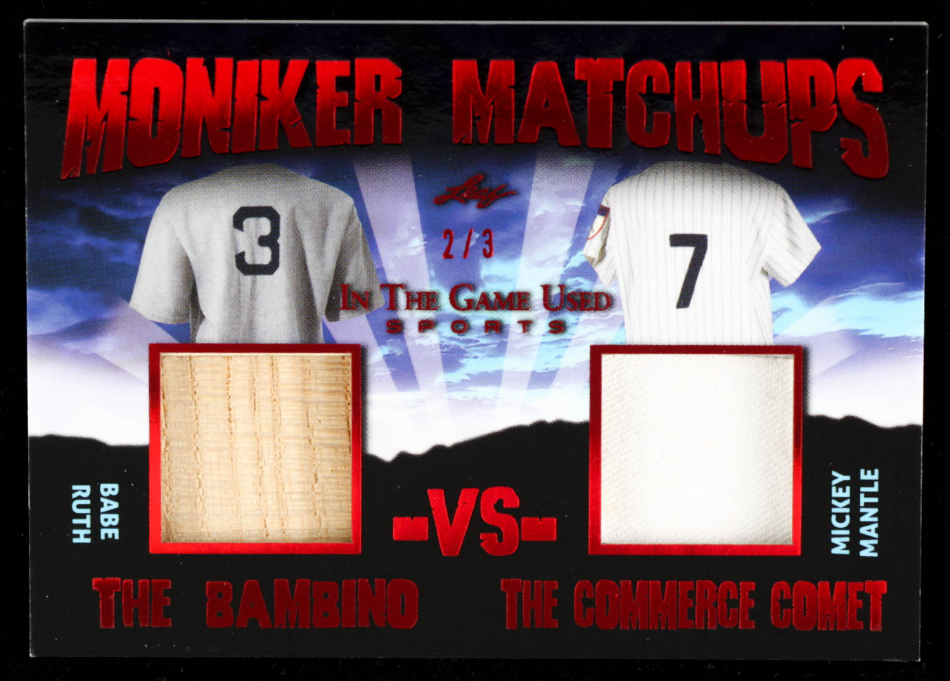 Babe Ruth / Mickey Mantle 2020 ITG Used Sports Moniker Matchups Dual Memorabilia Red Spectrum #MM01 at PristineAuction.com Babe Ruth / Mickey Mantle 2020 ITG Used Sports Moniker Matchups Dual Memorabilia Red Spectrum #MM01 at PristineAuction.com