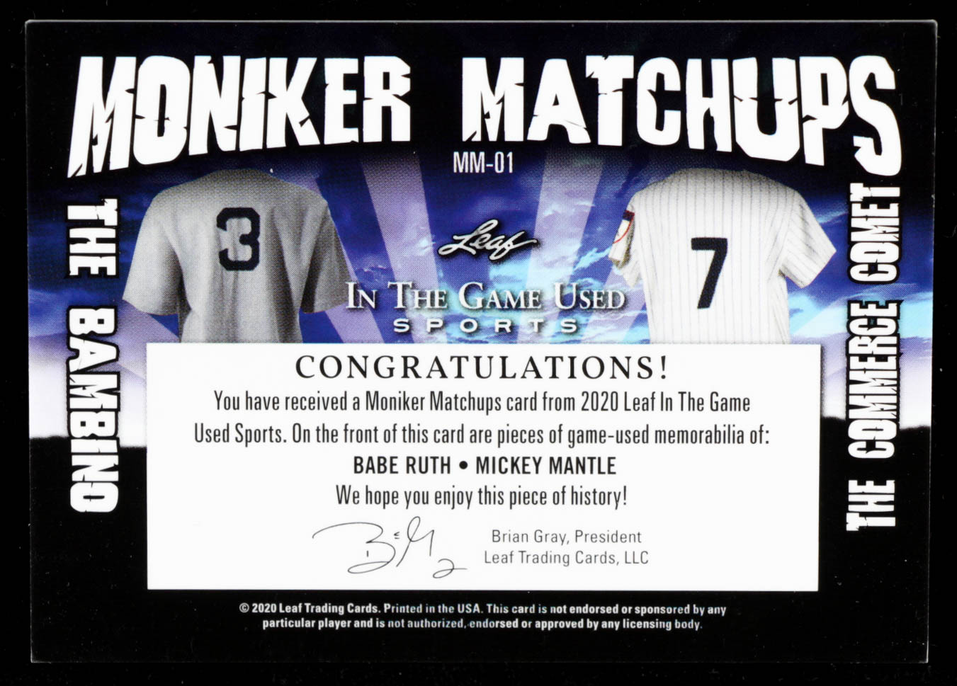 Babe Ruth / Mickey Mantle 2020 ITG Used Sports Moniker Matchups Dual Memorabilia Red Spectrum #MM01 at PristineAuction.com Babe Ruth / Mickey Mantle 2020 ITG Used Sports Moniker Matchups Dual Memorabilia Red Spectrum #MM01 at PristineAuction.com