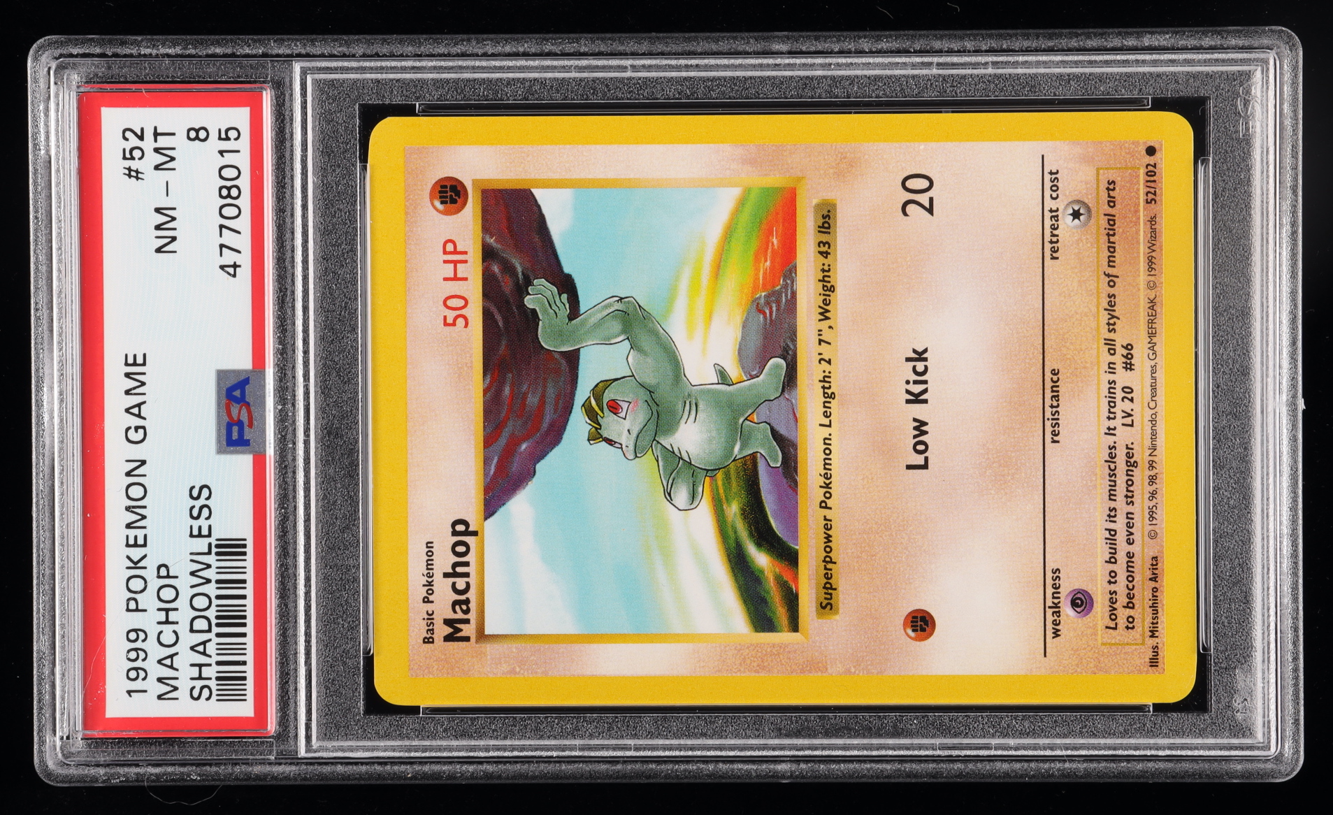 Machop 1999 Pokemon Base Shadowless #52 (PSA 8) at PristineAuction.com Machop 1999 Pokemon Base Shadowless #52 (PSA 8) at PristineAuction.com