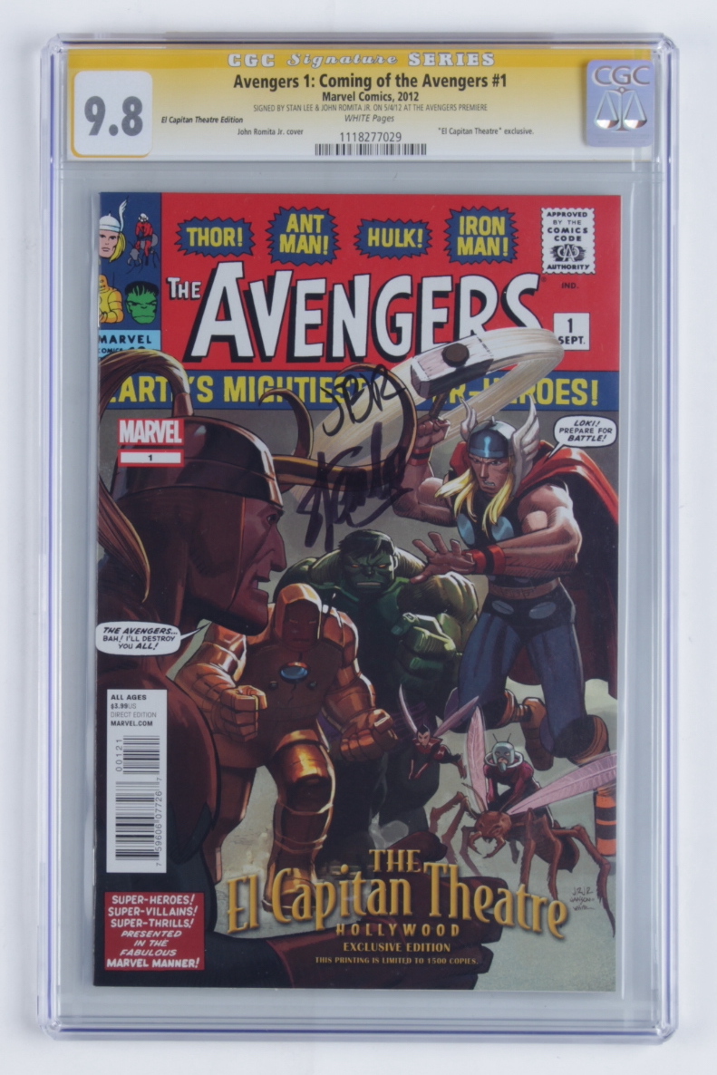 Stan Lee & John Romita Jr. Signed 2012 "Avengers 1: Coming of the Avengers" Issue #1 El Capitan Theatre Exclusive Marvel Comic Book (CGC Encapsulated - 9.8) at PristineAuction.com Stan Lee & John Romita Jr. Signed 2012 "Avengers 1: Coming of the Avengers" Issue #1 El Capitan Theatre Exclusive Marvel Comic Book (CGC Encapsulated - 9.8) at PristineAuction.com