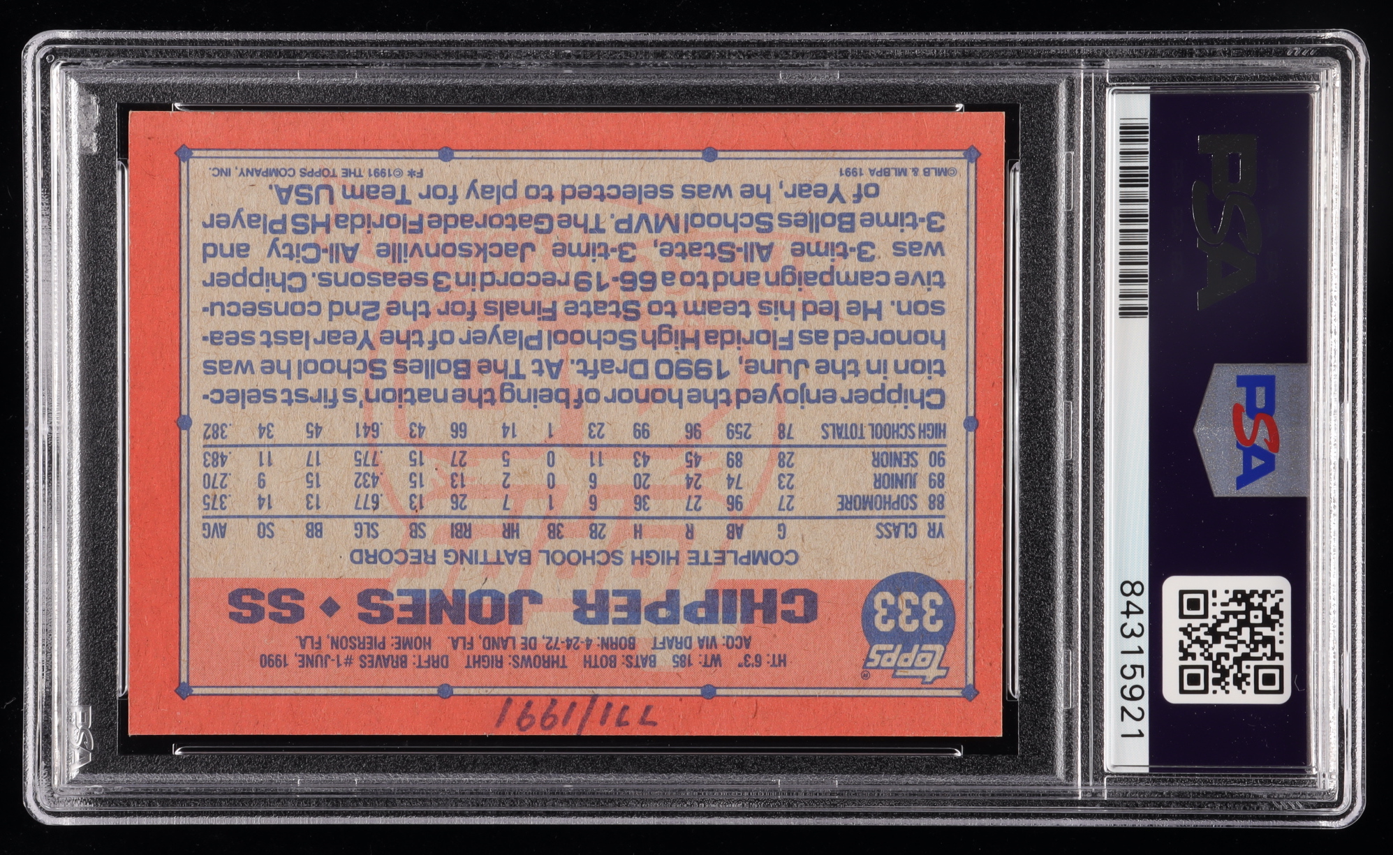 Chipper Jones Signed 1991 Topps #333 RC (PSA Encapsulated) at PristineAuction.com Chipper Jones Signed 1991 Topps #333 RC (PSA Encapsulated) at PristineAuction.com