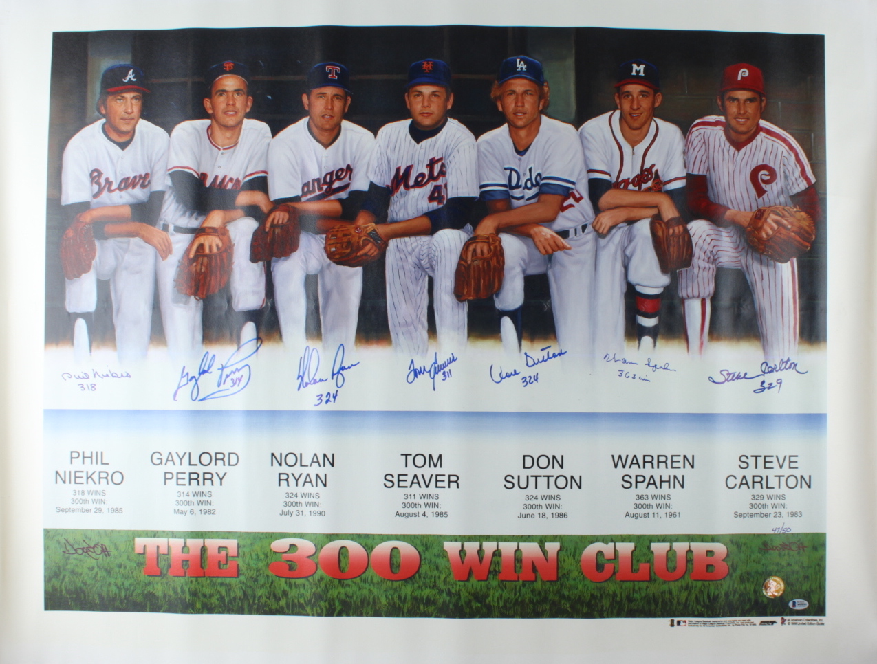 300 Game Winners LE MLB 34x45 Lithograph On Canvas Signed by (7) HOF Pitchers with Gaylord Perry, Steve Carlton, Warren Spahn, Don Sutton with Multiple Win Inscriptions (Beckett LOA) at PristineAuction.com 300 Game Winners LE MLB 34x45 Lithograph On Canvas Signed by (7) HOF Pitchers with Gaylord Perry, Steve Carlton, Warren Spahn, Don Sutton with Multiple Win Inscriptions (Beckett LOA) at PristineAuction.com