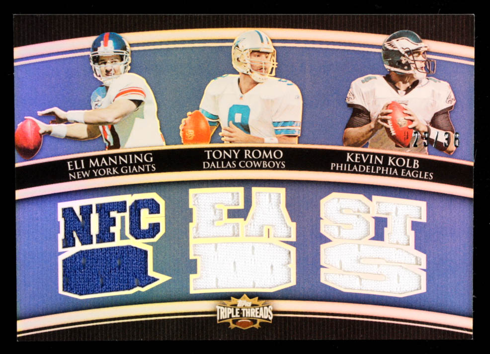 Eli Manning / Tony Romo / Kevin Kolb 2010 Topps Triple Threads Relic Combos #TTRC6 at PristineAuction.com Eli Manning / Tony Romo / Kevin Kolb 2010 Topps Triple Threads Relic Combos #TTRC6 at PristineAuction.com