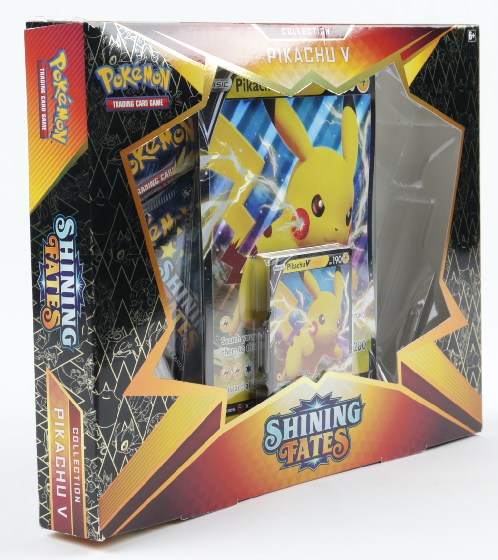 Pokemon TCG: Shining Fates PIKACHU V Box with (4) Booster Packs at PristineAuction.com Pokemon TCG: Shining Fates PIKACHU V Box with (4) Booster Packs at PristineAuction.com