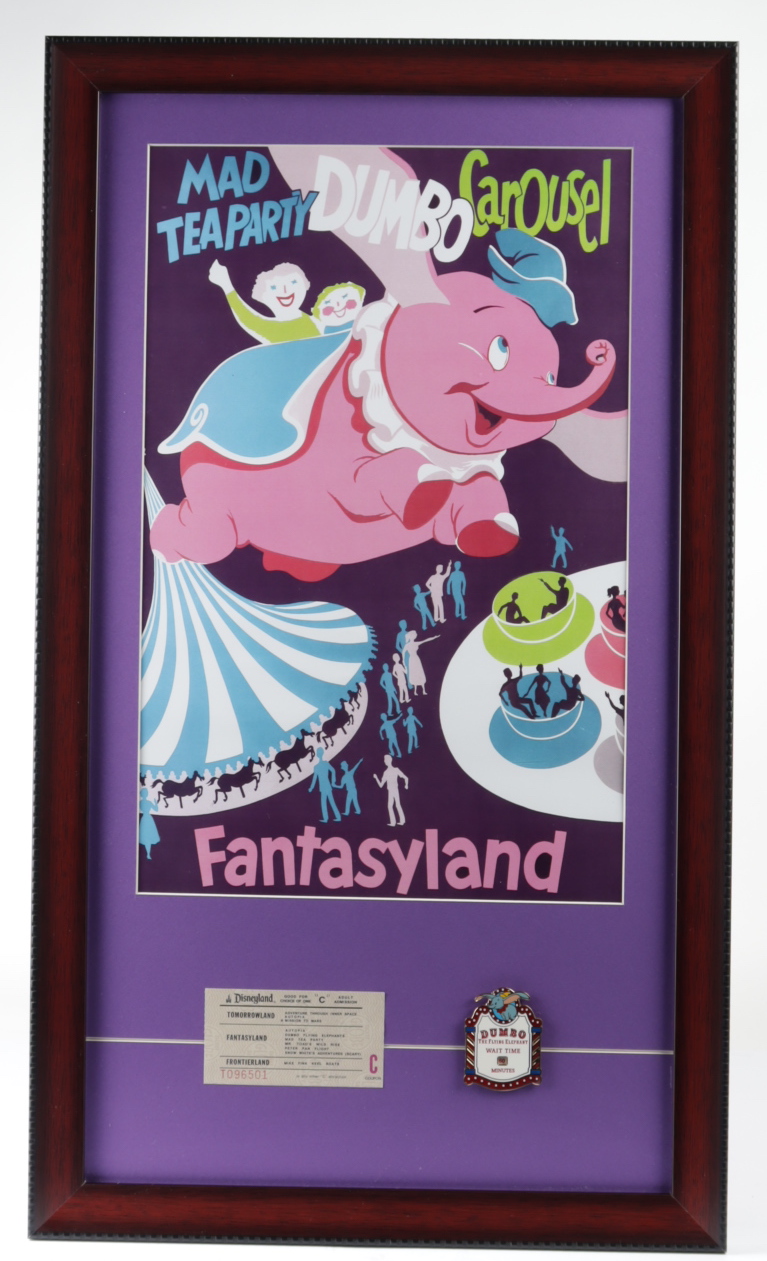 Disneyland Fantasyland's "Dumbo" 15x26 Custom Framed Print Display with Vintage Original Ticket Book Envelope & Ride Lapel Pin at PristineAuction.com Disneyland Fantasyland's "Dumbo" 15x26 Custom Framed Print Display with Vintage Original Ticket Book Envelope & Ride Lapel Pin at PristineAuction.com