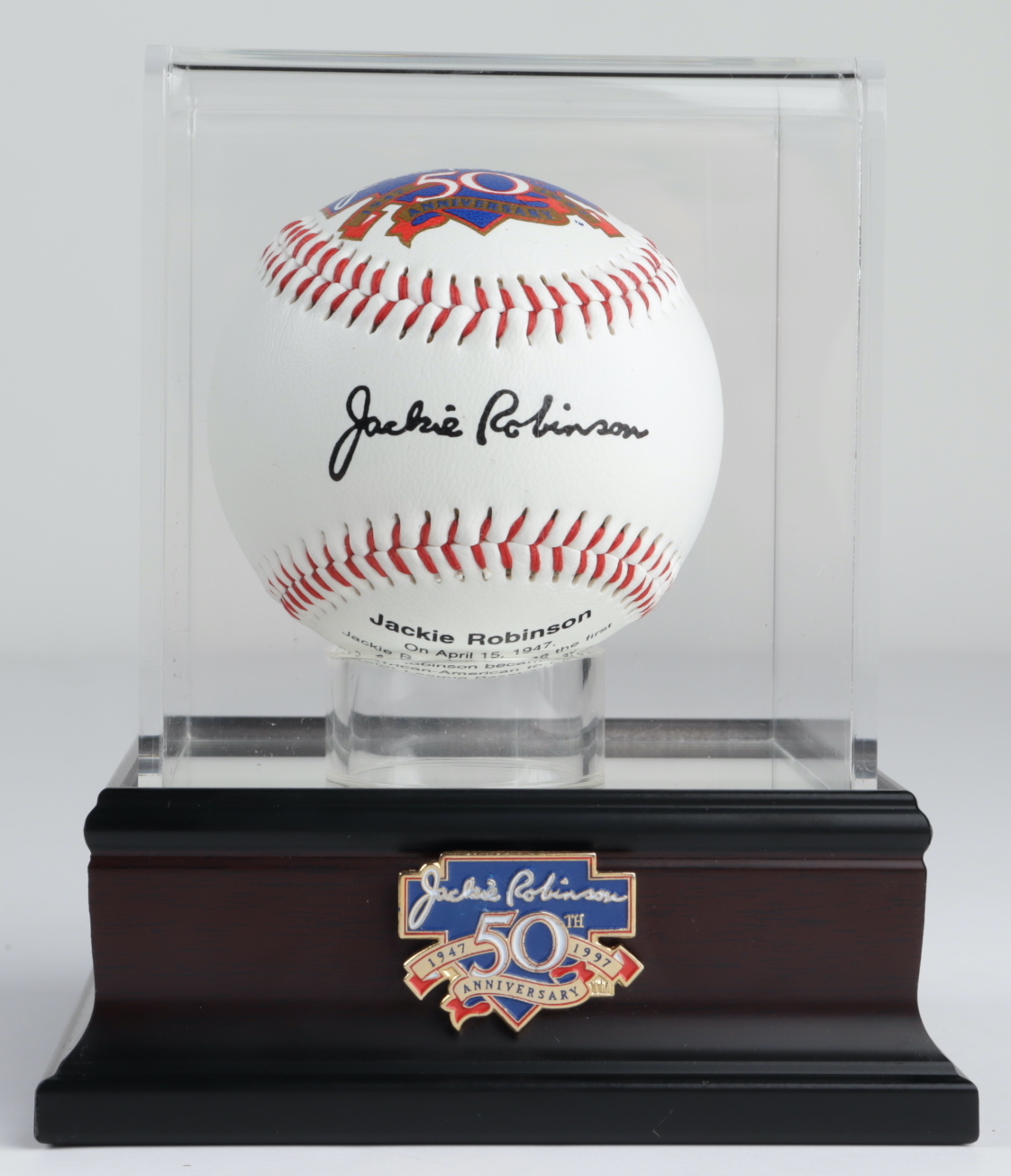 Jackie Robinson 50th Anniversary Baseball with High Quality Display Case at PristineAuction.com Jackie Robinson 50th Anniversary Baseball with High Quality Display Case at PristineAuction.com