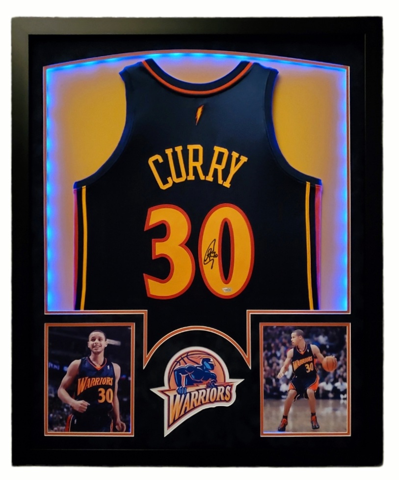 Stephen Curry Signed Warriors 32x41 Custom Framed Jersey Display with LED Lights (Fanatics Hologram) at PristineAuction.com Stephen Curry Signed Warriors 32x41 Custom Framed Jersey Display with LED Lights (Fanatics Hologram) at PristineAuction.com