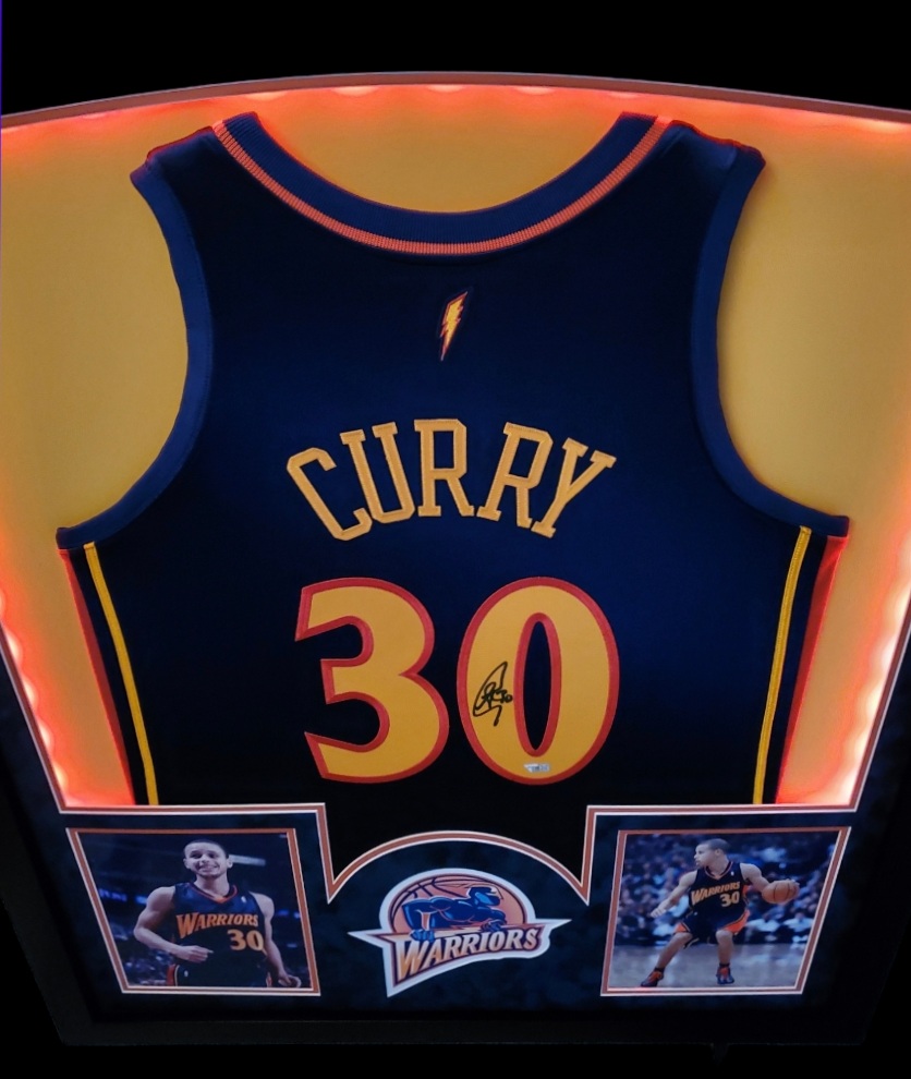 Stephen Curry Signed Warriors 32x41 Custom Framed Jersey Display with LED Lights (Fanatics Hologram) at PristineAuction.com Stephen Curry Signed Warriors 32x41 Custom Framed Jersey Display with LED Lights (Fanatics Hologram) at PristineAuction.com