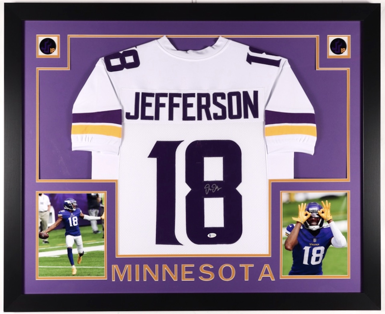 Justin Jefferson Signed 35x43 Custom Framed Jersey (Beckett COA) at PristineAuction.com Justin Jefferson Signed 35x43 Custom Framed Jersey (Beckett COA) at PristineAuction.com
