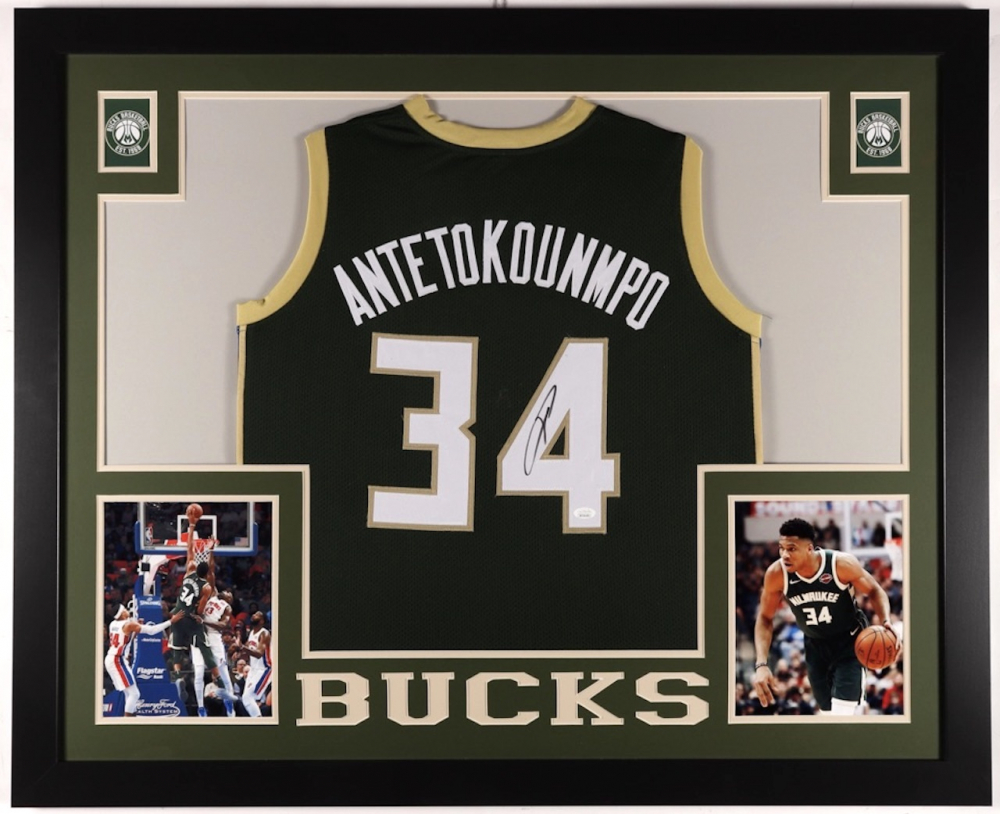 Giannis Antetokounmpo Signed 35x43 Custom Framed Jersey (JSA COA) at PristineAuction.com Giannis Antetokounmpo Signed 35x43 Custom Framed Jersey (JSA COA) at PristineAuction.com