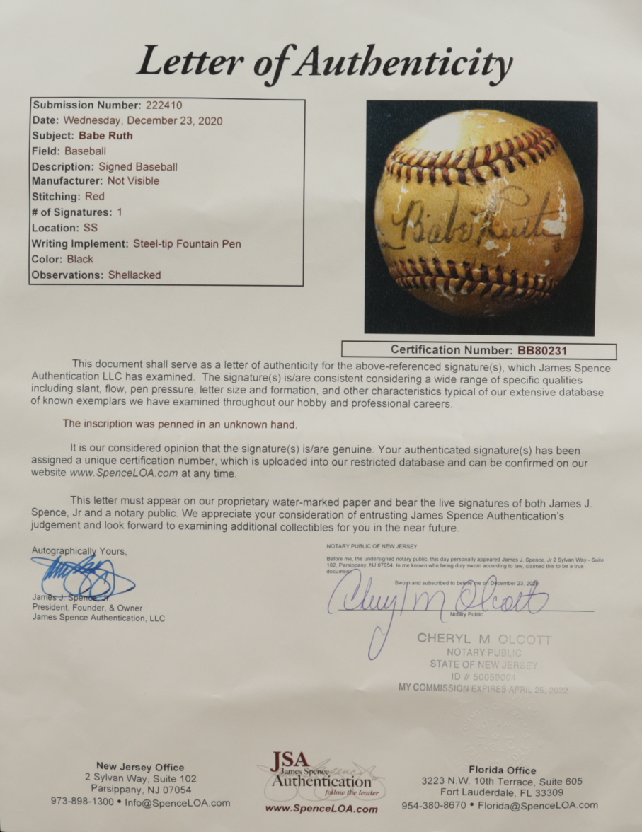Babe Ruth Signed Baseball (JSA LOA) at PristineAuction.com Babe Ruth Signed Baseball (JSA LOA) at PristineAuction.com