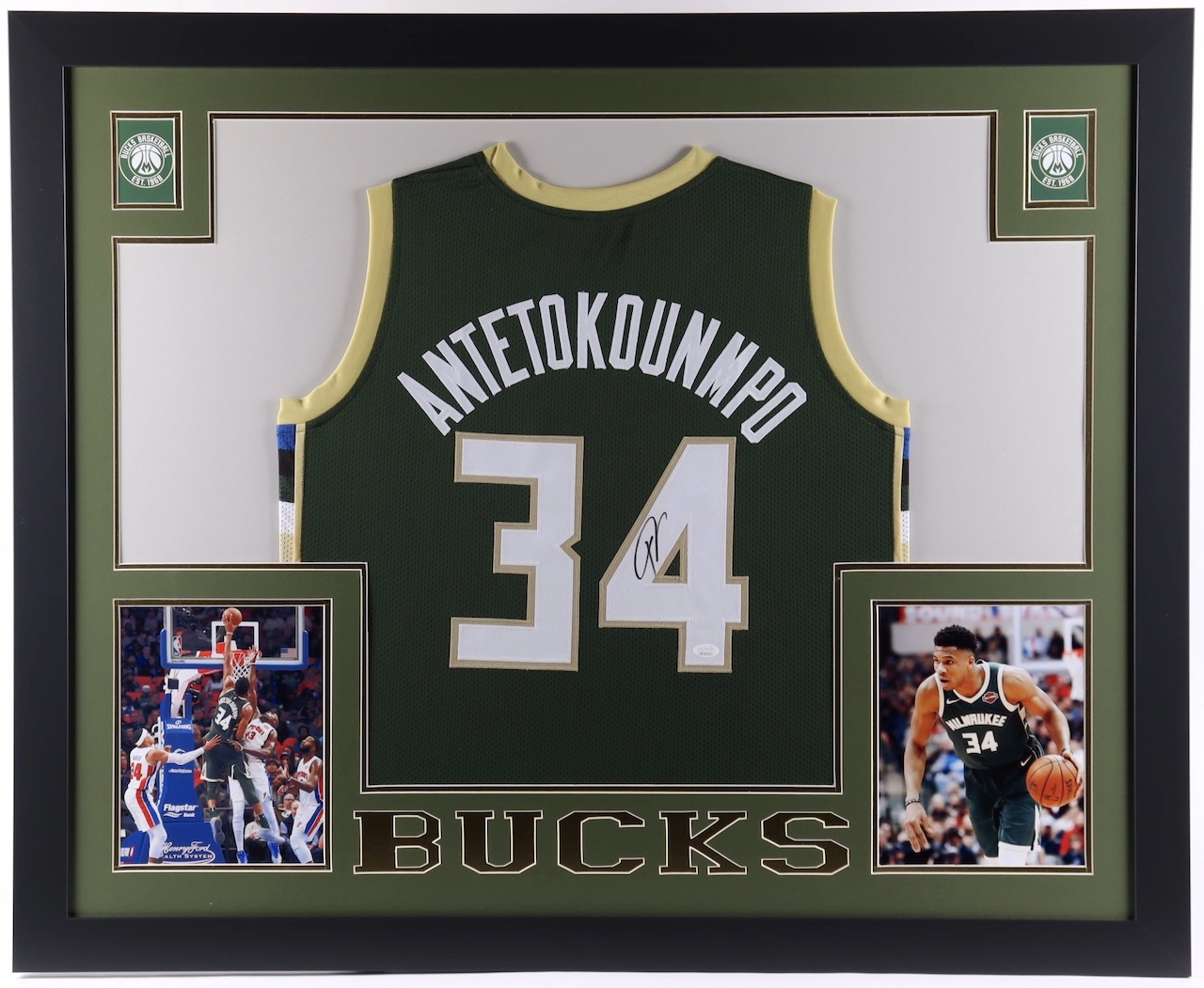 Giannis Antetokounmpo Signed 35x43 Custom Framed Jersey Display (JSA COA) at PristineAuction.com Giannis Antetokounmpo Signed 35x43 Custom Framed Jersey Display (JSA COA) at PristineAuction.com