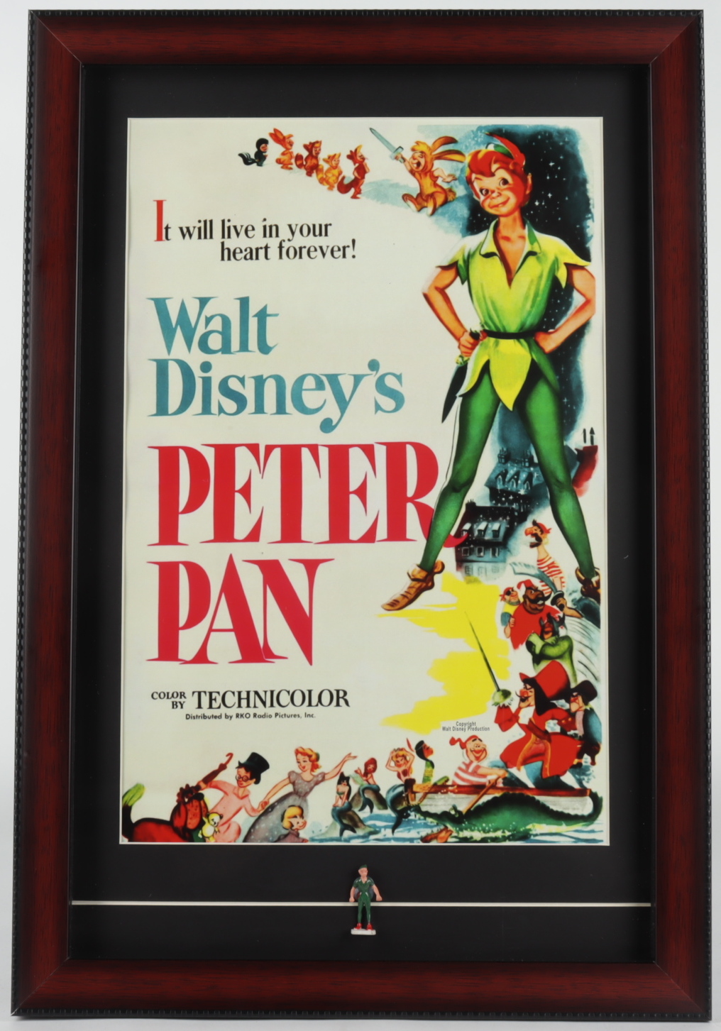 Walt Disney's "Peter Pan" 15x22 Custom Framed Print Display with Original Vintage 1960 Peter Pan Figure at PristineAuction.com Walt Disney's "Peter Pan" 15x22 Custom Framed Print Display with Original Vintage 1960 Peter Pan Figure at PristineAuction.com