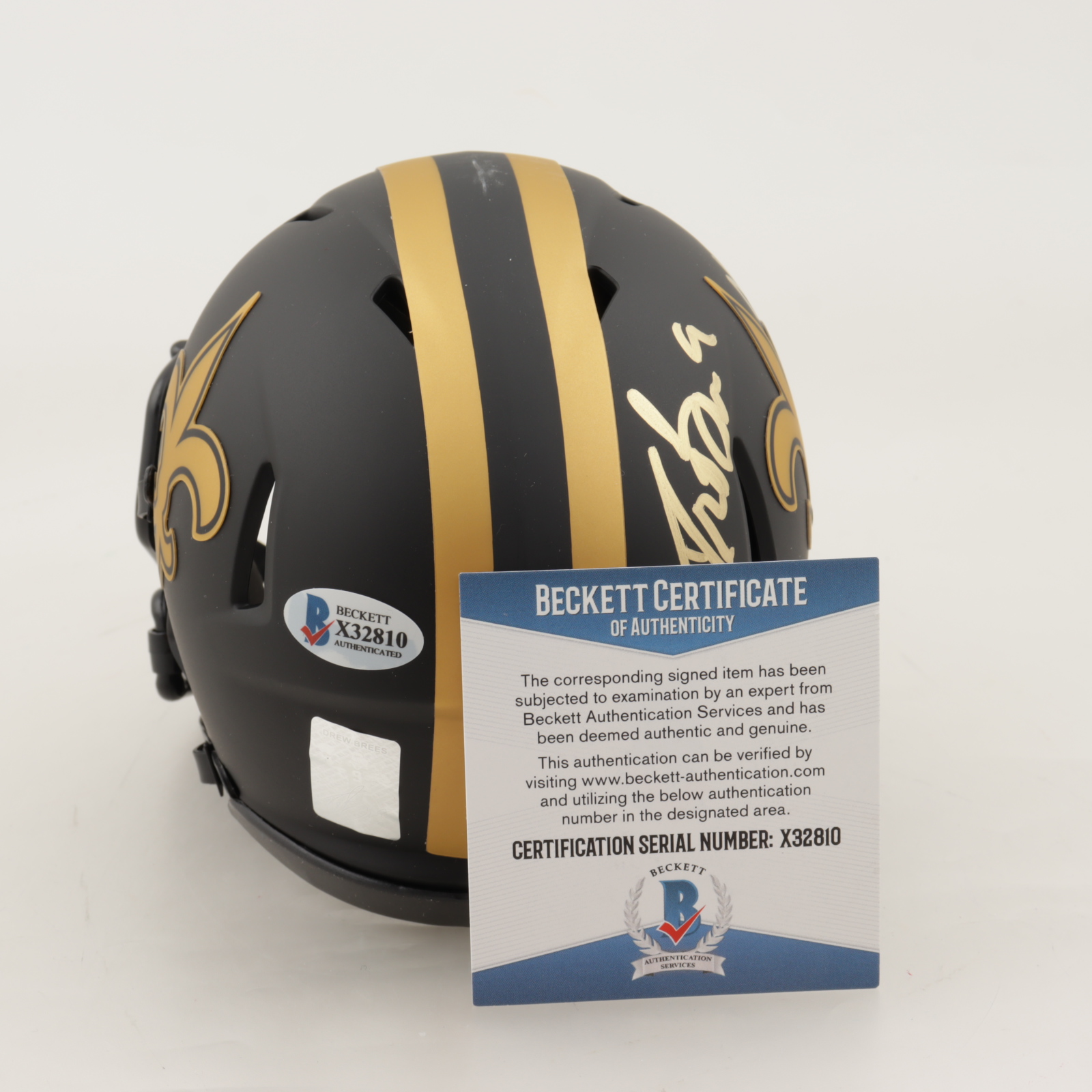 Drew Brees Signed Saints Eclipse Alternate Speed Mini Helmet Inscribed "NFL All Time Passing Leader" (Beckett COA & Brees Hologram) (See Description) at PristineAuction.com Drew Brees Signed Saints Eclipse Alternate Speed Mini Helmet Inscribed "NFL All Time Passing Leader" (Beckett COA & Brees Hologram) (See Description) at PristineAuction.com