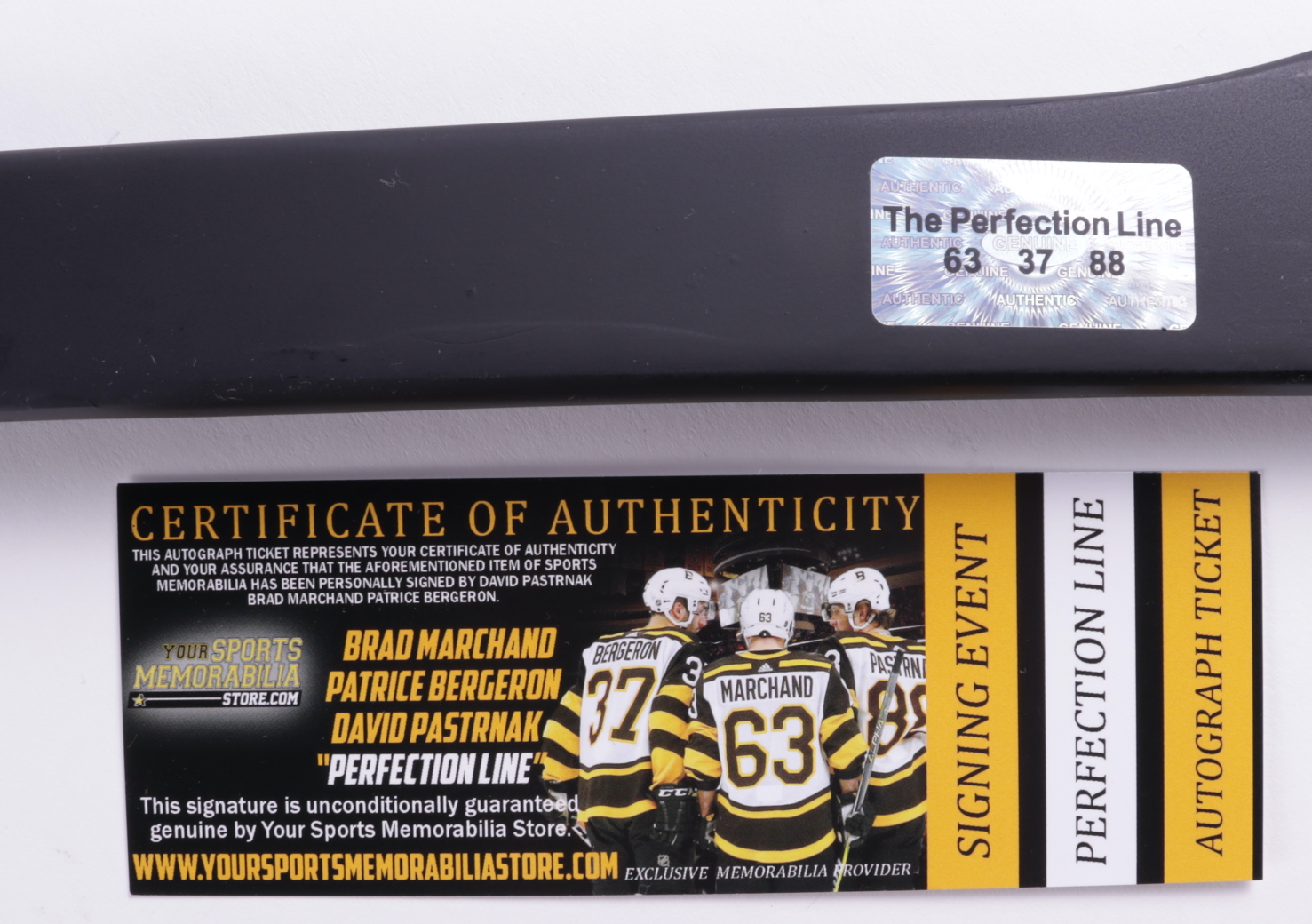 Brad Marchand, Patrice Bergeron, & David Pastrnak Signed Bruins Hockey Stick (YSMS COA) at PristineAuction.com Brad Marchand, Patrice Bergeron, & David Pastrnak Signed Bruins Hockey Stick (YSMS COA) at PristineAuction.com