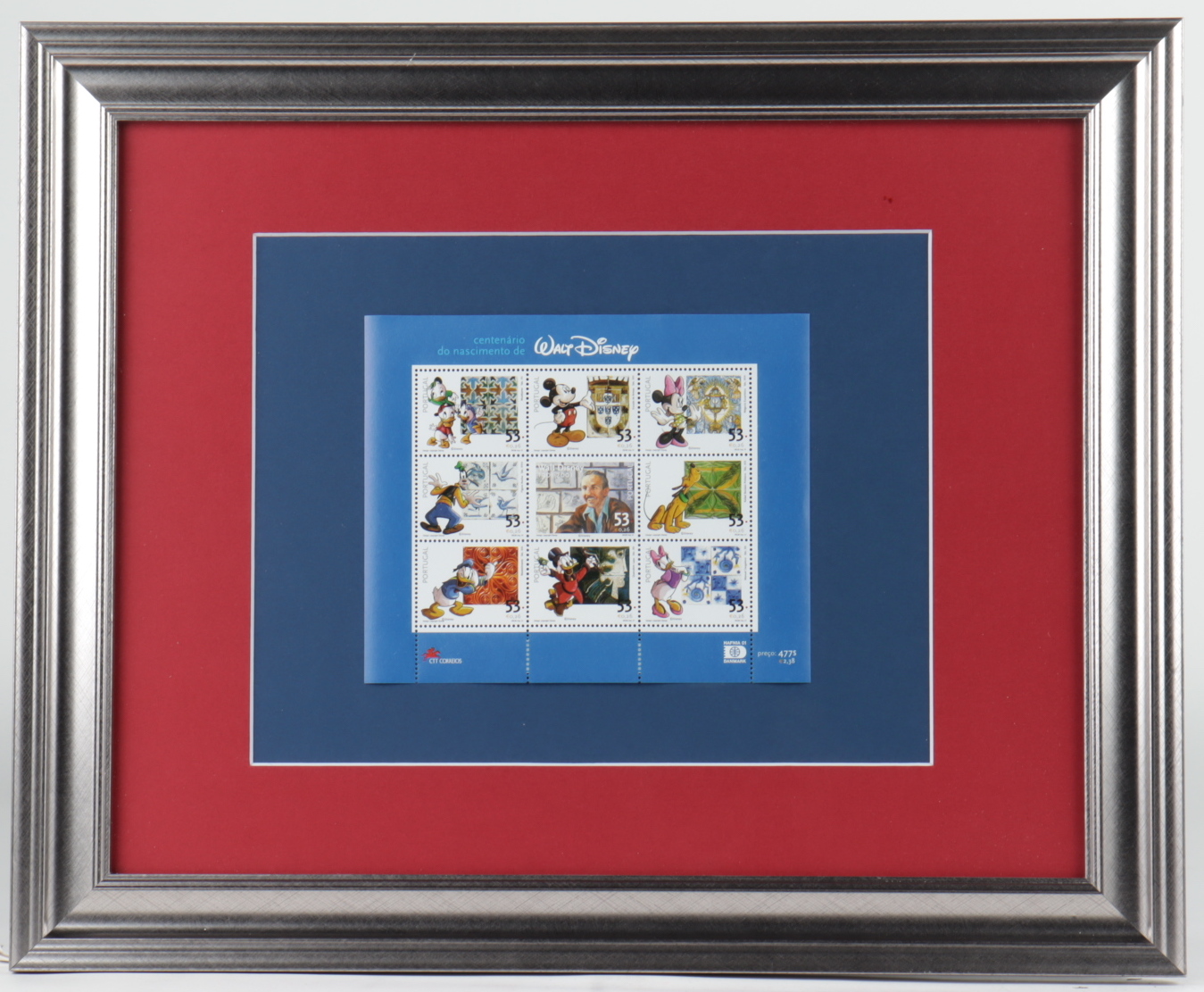 Walt Disney 13x16 Custom Framed Vintage Full Uncut Postage Stamp Sheet Display with (9) Stamps (See Description) at PristineAuction.com Walt Disney 13x16 Custom Framed Vintage Full Uncut Postage Stamp Sheet Display with (9) Stamps (See Description) at PristineAuction.com