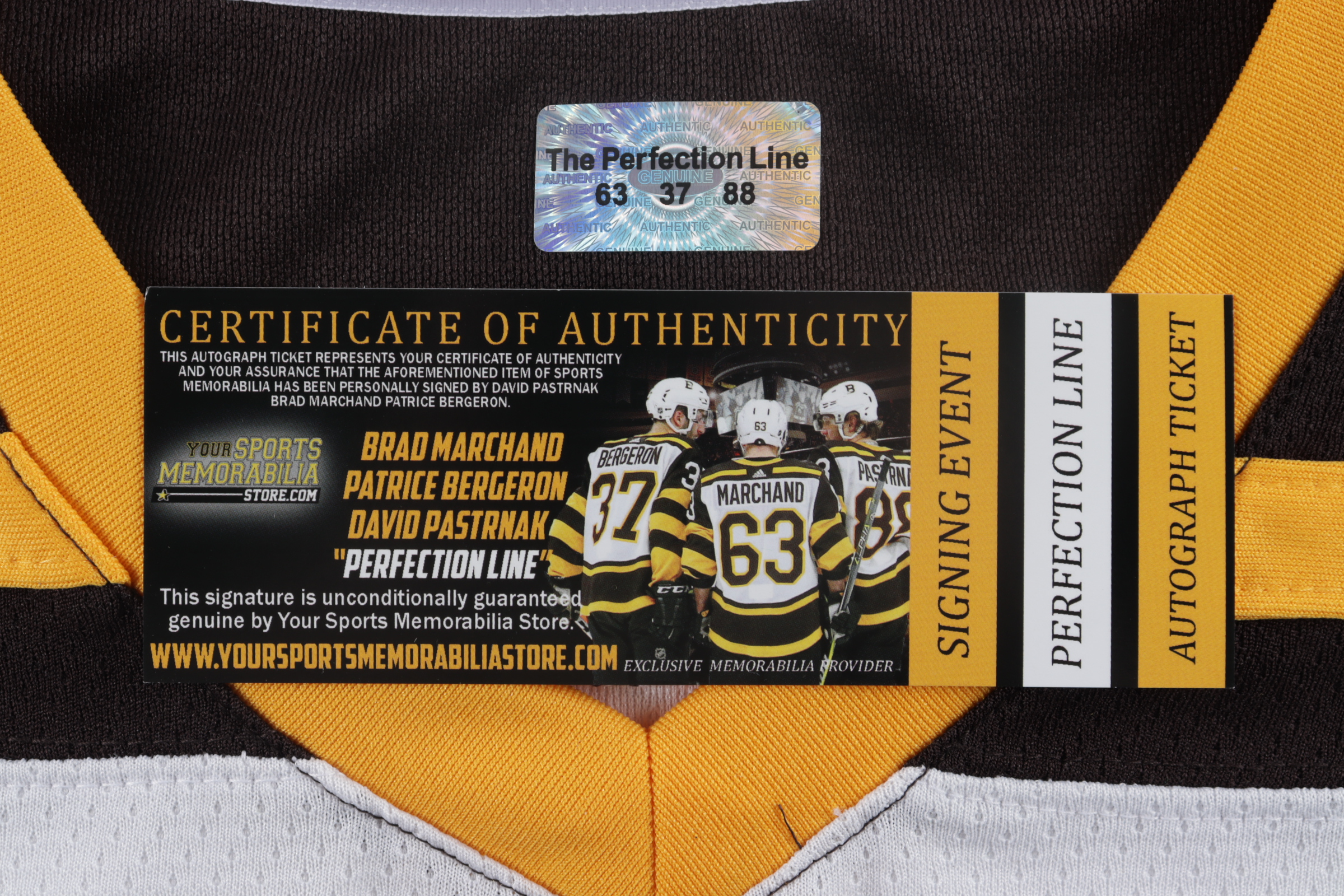 Brad Marchand, Patrice Bergeron & David Pastrnak Signed Bruins 2019 Winter Classic Jersey (The Perfection Line COA) at PristineAuction.com Brad Marchand, Patrice Bergeron & David Pastrnak Signed Bruins 2019 Winter Classic Jersey (The Perfection Line COA) at PristineAuction.com