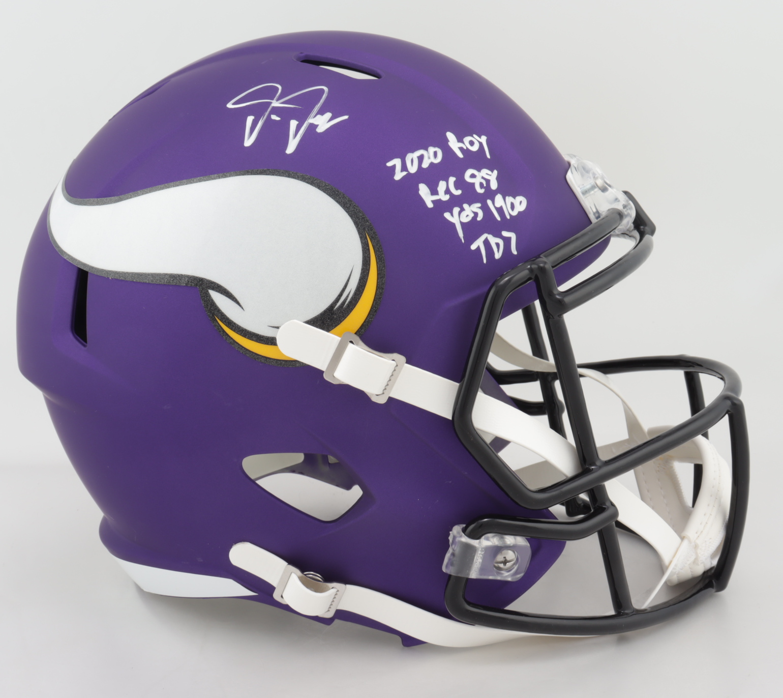 Justin Jefferson Signed Vikings Full-Size Speed Helmet with Multiple Inscriptions (JSA COA) (See Description) at PristineAuction.com Justin Jefferson Signed Vikings Full-Size Speed Helmet with Multiple Inscriptions (JSA COA) (See Description) at PristineAuction.com