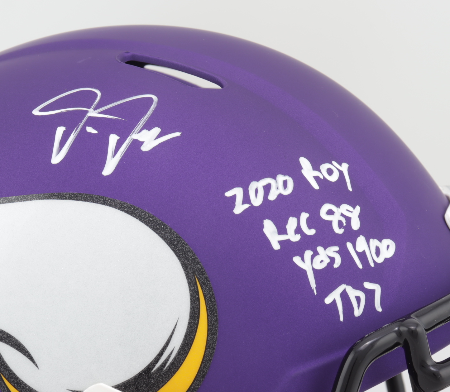 Justin Jefferson Signed Vikings Full-Size Speed Helmet with Multiple Inscriptions (JSA COA) (See Description) at PristineAuction.com Justin Jefferson Signed Vikings Full-Size Speed Helmet with Multiple Inscriptions (JSA COA) (See Description) at PristineAuction.com