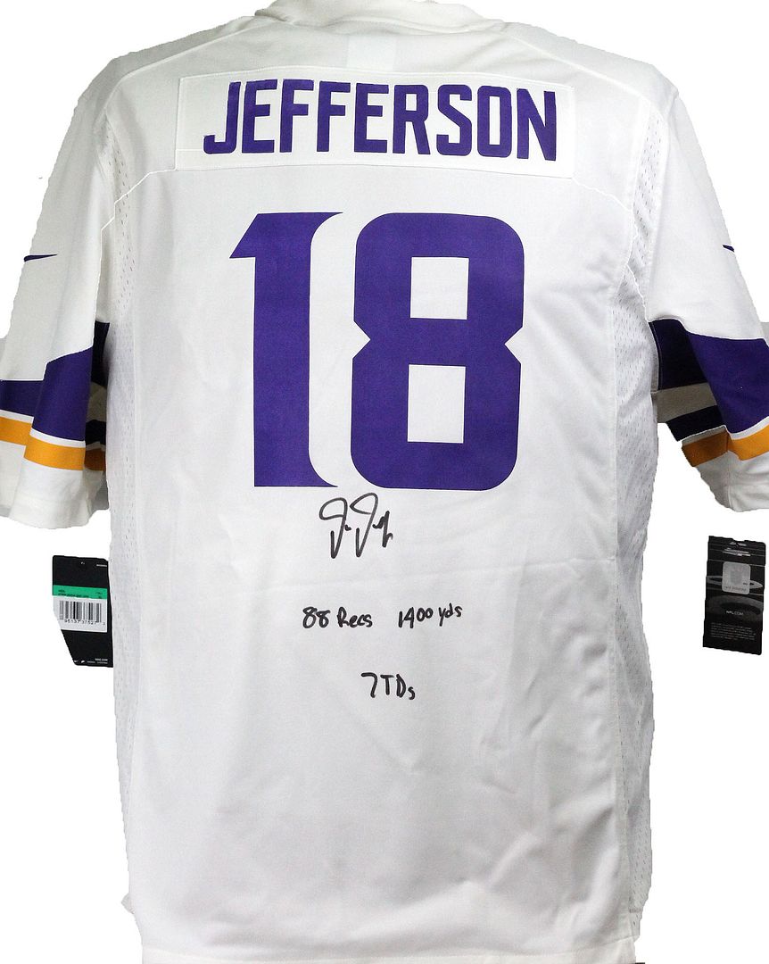 Justin Jefferson Signed Vikings Jersey Inscribed "88 Recs", "1400 Yds" & "7 TDs" (Beckett Hologram) at PristineAuction.com Justin Jefferson Signed Vikings Jersey Inscribed "88 Recs", "1400 Yds" & "7 TDs" (Beckett Hologram) at PristineAuction.com