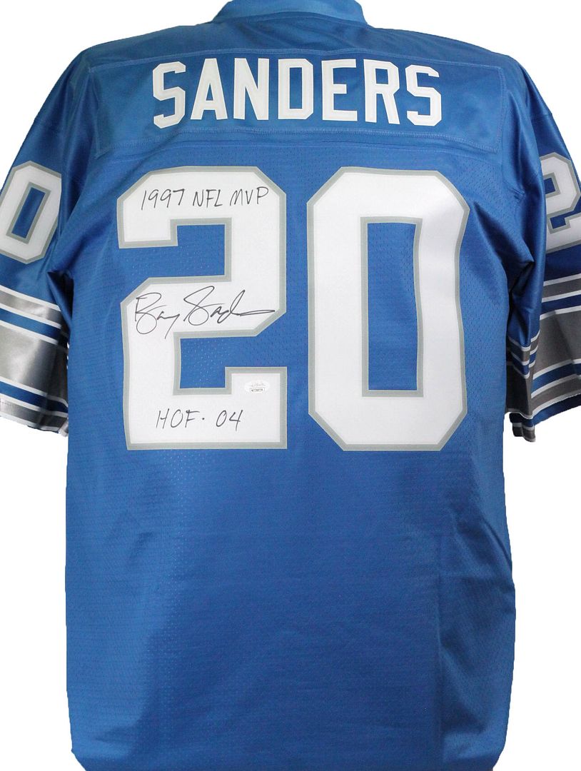 Barry Sanders Signed Lions Jersey Inscribed "1997 NFL MVP" & "HOF 04" (JSA COA) at PristineAuction.com Barry Sanders Signed Lions Jersey Inscribed "1997 NFL MVP" & "HOF 04" (JSA COA) at PristineAuction.com