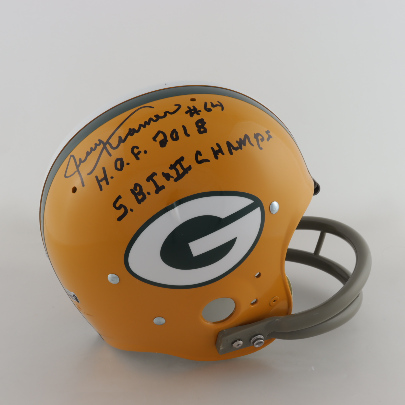 Jerry Kramer Signed Packers Full-Size Throwback Suspension Helmet Inscribed "S.B. I + II Champs" & "H.O.F. 2018" (Radtke COA) (See Description) at PristineAuction.com Jerry Kramer Signed Packers Full-Size Throwback Suspension Helmet Inscribed "S.B. I + II Champs" & "H.O.F. 2018" (Radtke COA) (See Description) at PristineAuction.com
