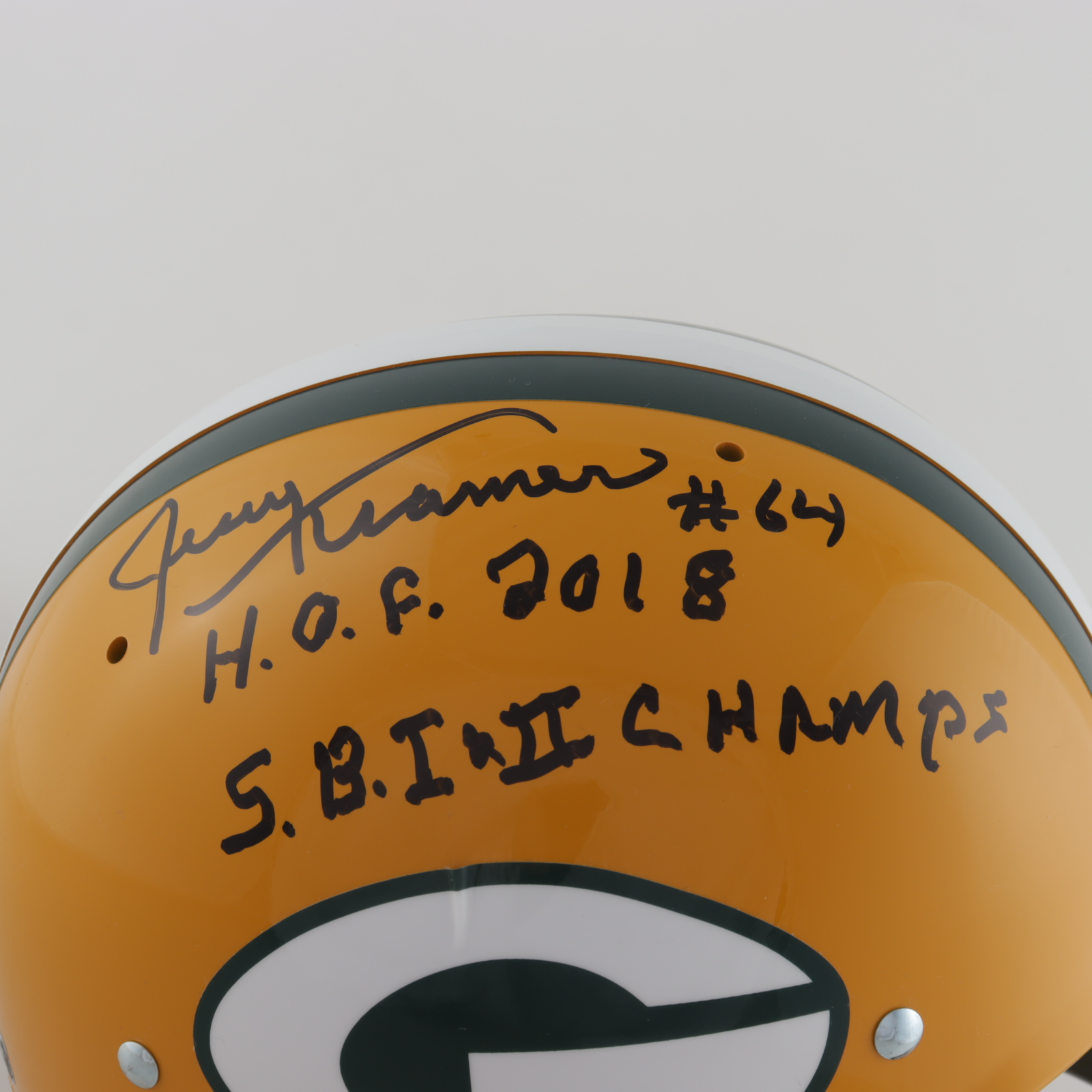 Jerry Kramer Signed Packers Full-Size Throwback Suspension Helmet Inscribed "S.B. I + II Champs" & "H.O.F. 2018" (Radtke COA) (See Description) at PristineAuction.com Jerry Kramer Signed Packers Full-Size Throwback Suspension Helmet Inscribed "S.B. I + II Champs" & "H.O.F. 2018" (Radtke COA) (See Description) at PristineAuction.com