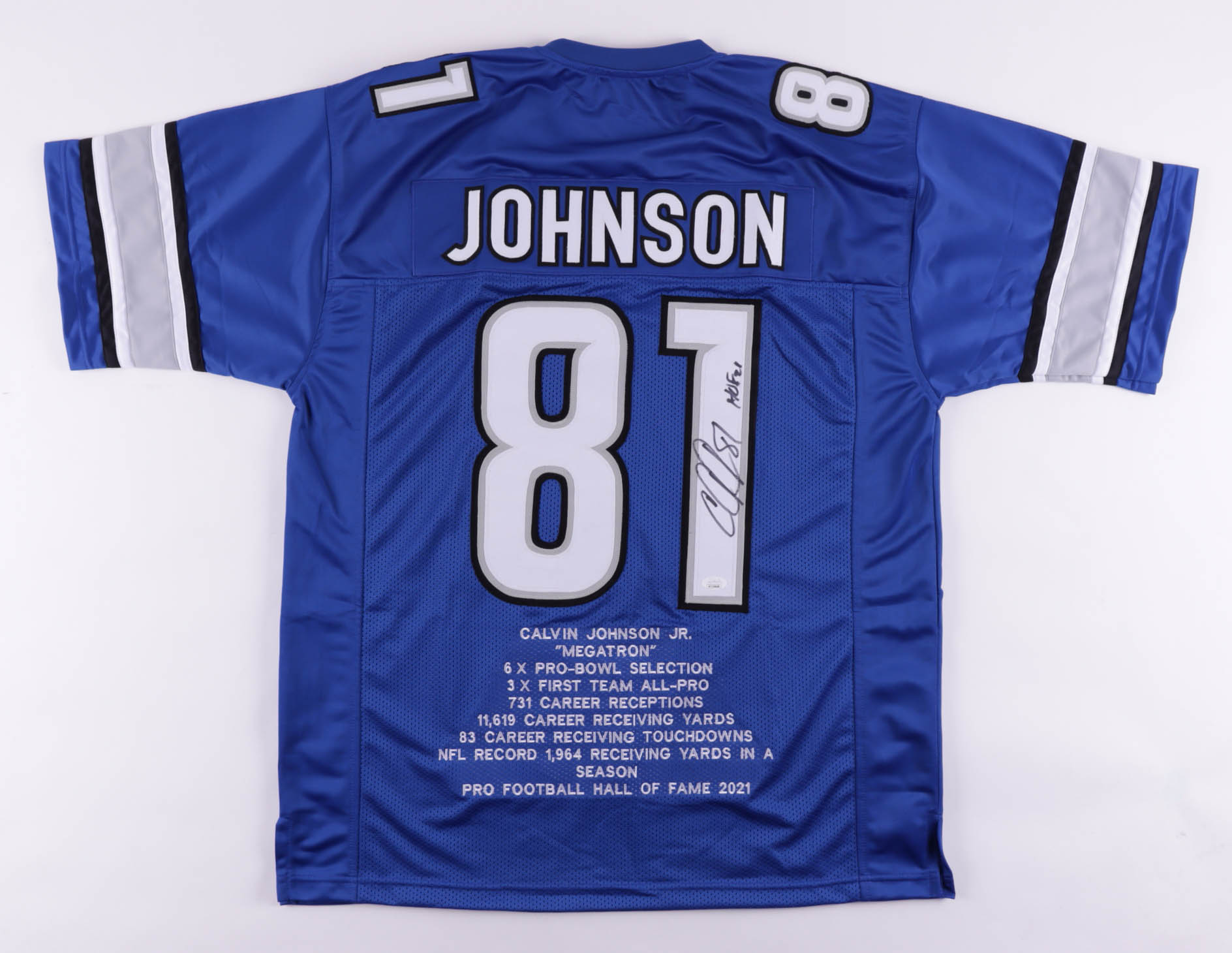Calvin Johnson Signed Career Highlight Stat Jersey Inscribed "HOF 21" (JSA COA) at PristineAuction.com Calvin Johnson Signed Career Highlight Stat Jersey Inscribed "HOF 21" (JSA COA) at PristineAuction.com