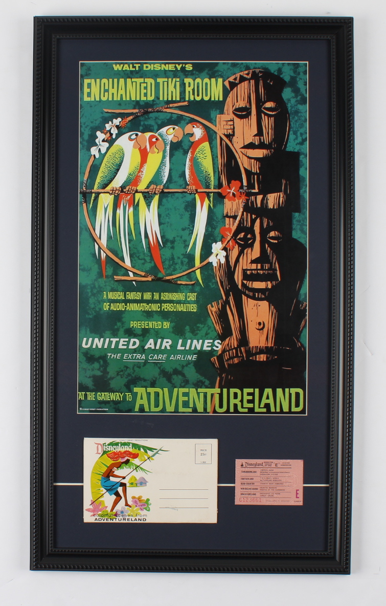Walt Disney's Disneyland Enchanted Tiki Room 14x26 Custom Framed Print Display with (1) Vintage Ticket Booklet & (1) Photo Portfolio (See Description) at PristineAuction.com Walt Disney's Disneyland Enchanted Tiki Room 14x26 Custom Framed Print Display with (1) Vintage Ticket Booklet & (1) Photo Portfolio (See Description) at PristineAuction.com