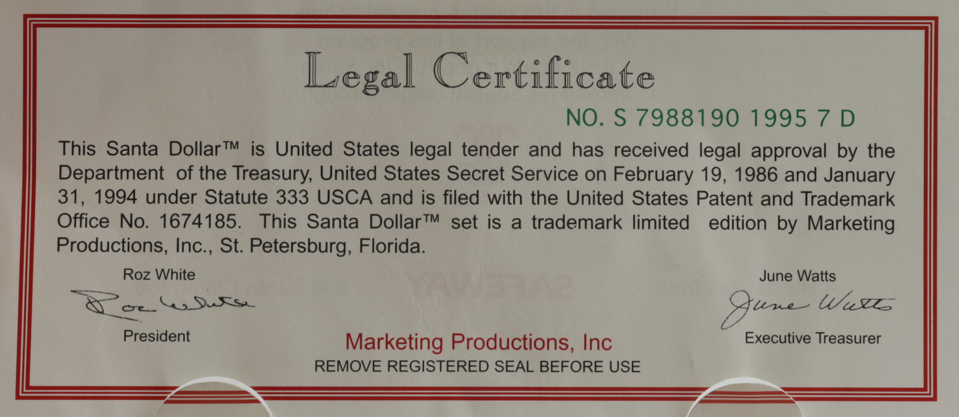 1993 $1 One-Dollar LE Safeway Santa Dollar Commemorative Bank Note at PristineAuction.com 1993 $1 One-Dollar LE Safeway Santa Dollar Commemorative Bank Note at PristineAuction.com