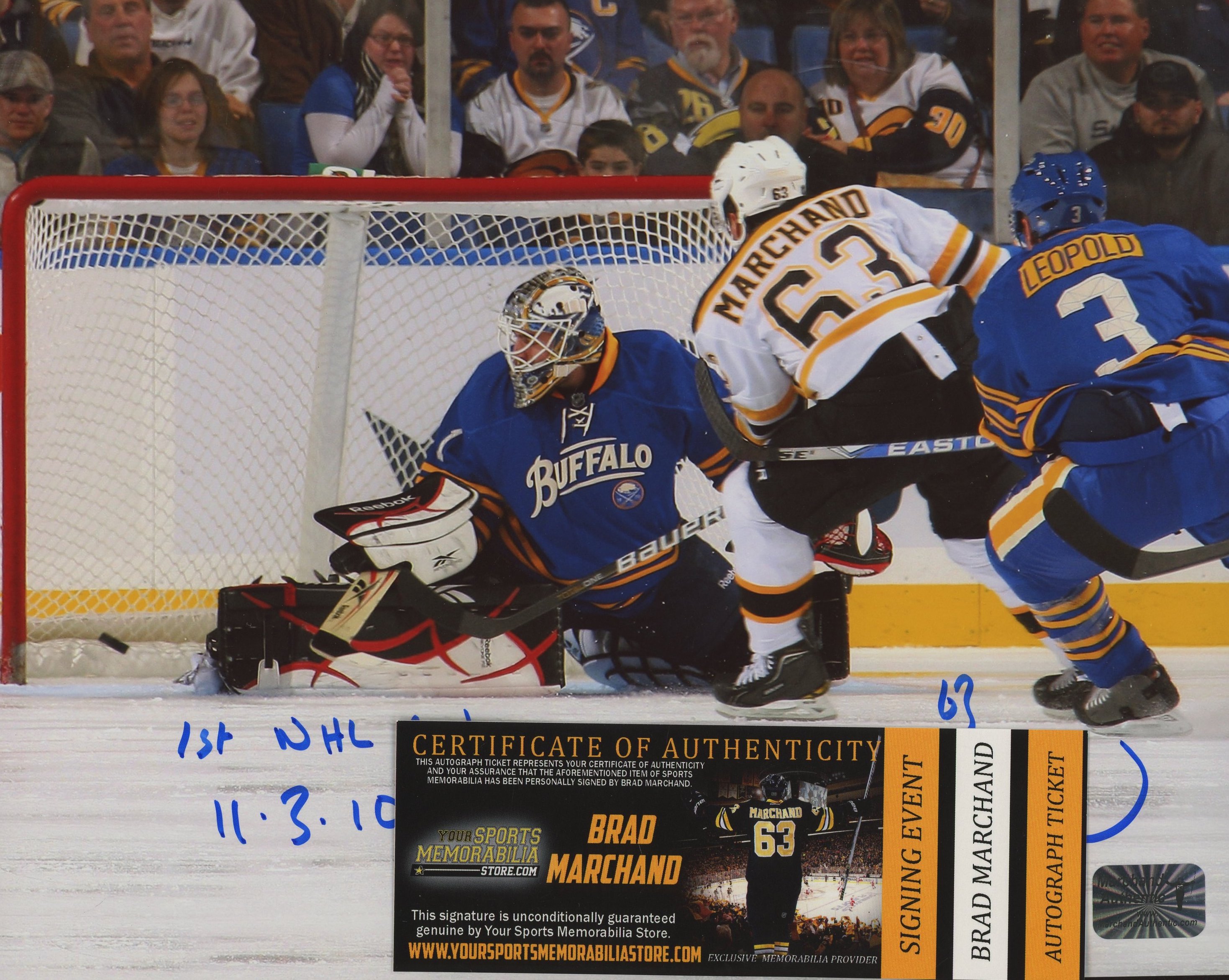 Brad Marchand Signed Bruins 8x10 Photo Inscribed "1st NHL Goal 11-3-10" (Marchand COA) at PristineAuction.com Brad Marchand Signed Bruins 8x10 Photo Inscribed "1st NHL Goal 11-3-10" (Marchand COA) at PristineAuction.com
