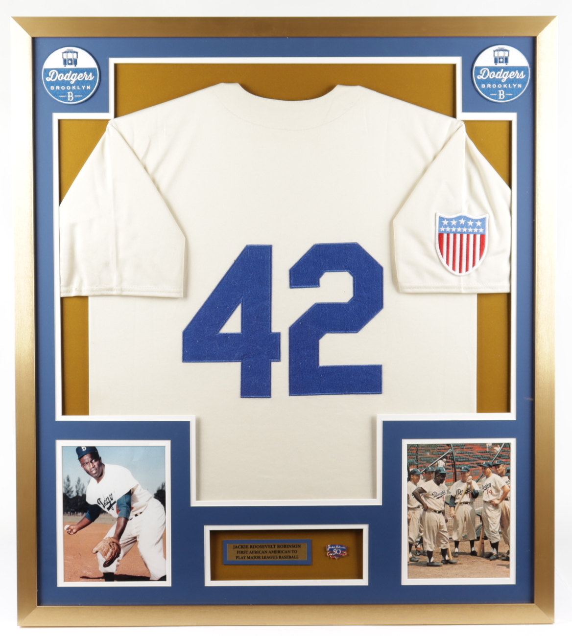 Jackie Robinson 32x36 Custom Framed Jersey Display with 50th Anniversary Pin at PristineAuction.com Jackie Robinson 32x36 Custom Framed Jersey Display with 50th Anniversary Pin at PristineAuction.com