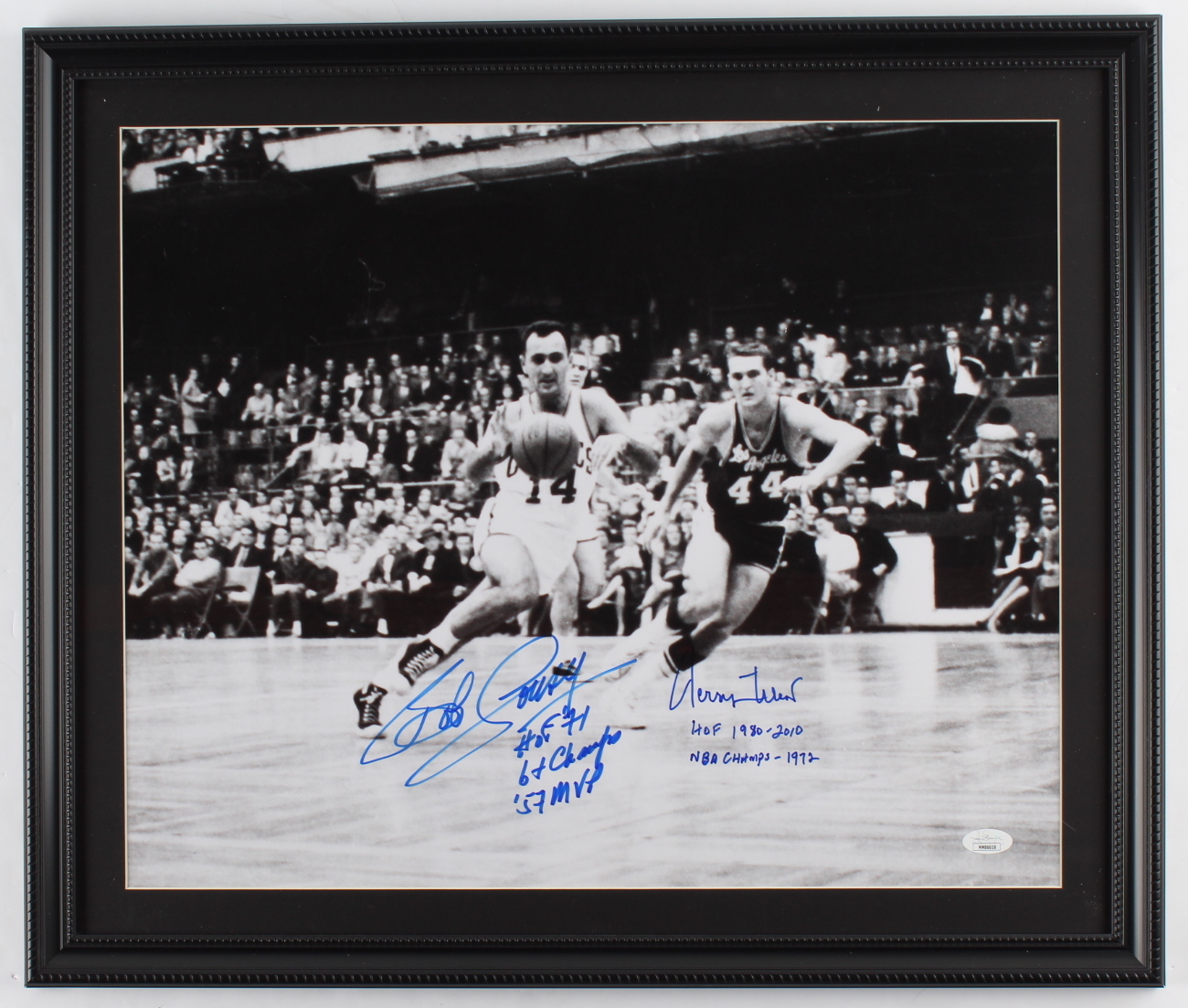 Jerry West & Bob Cousy Signed 19x23 Custom Framed Photo Display with Multiple Stat Inscriptions (JSA COA) at PristineAuction.com Jerry West & Bob Cousy Signed 19x23 Custom Framed Photo Display with Multiple Stat Inscriptions (JSA COA) at PristineAuction.com