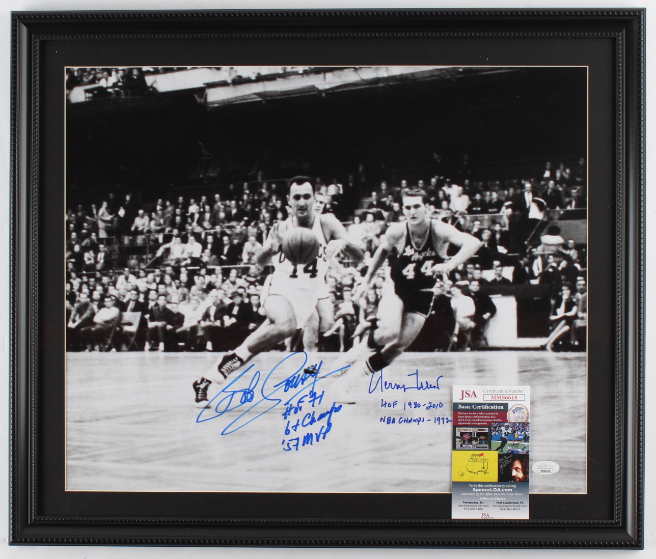 Jerry West & Bob Cousy Signed 19x23 Custom Framed Photo Display with Multiple Stat Inscriptions (JSA COA) at PristineAuction.com Jerry West & Bob Cousy Signed 19x23 Custom Framed Photo Display with Multiple Stat Inscriptions (JSA COA) at PristineAuction.com