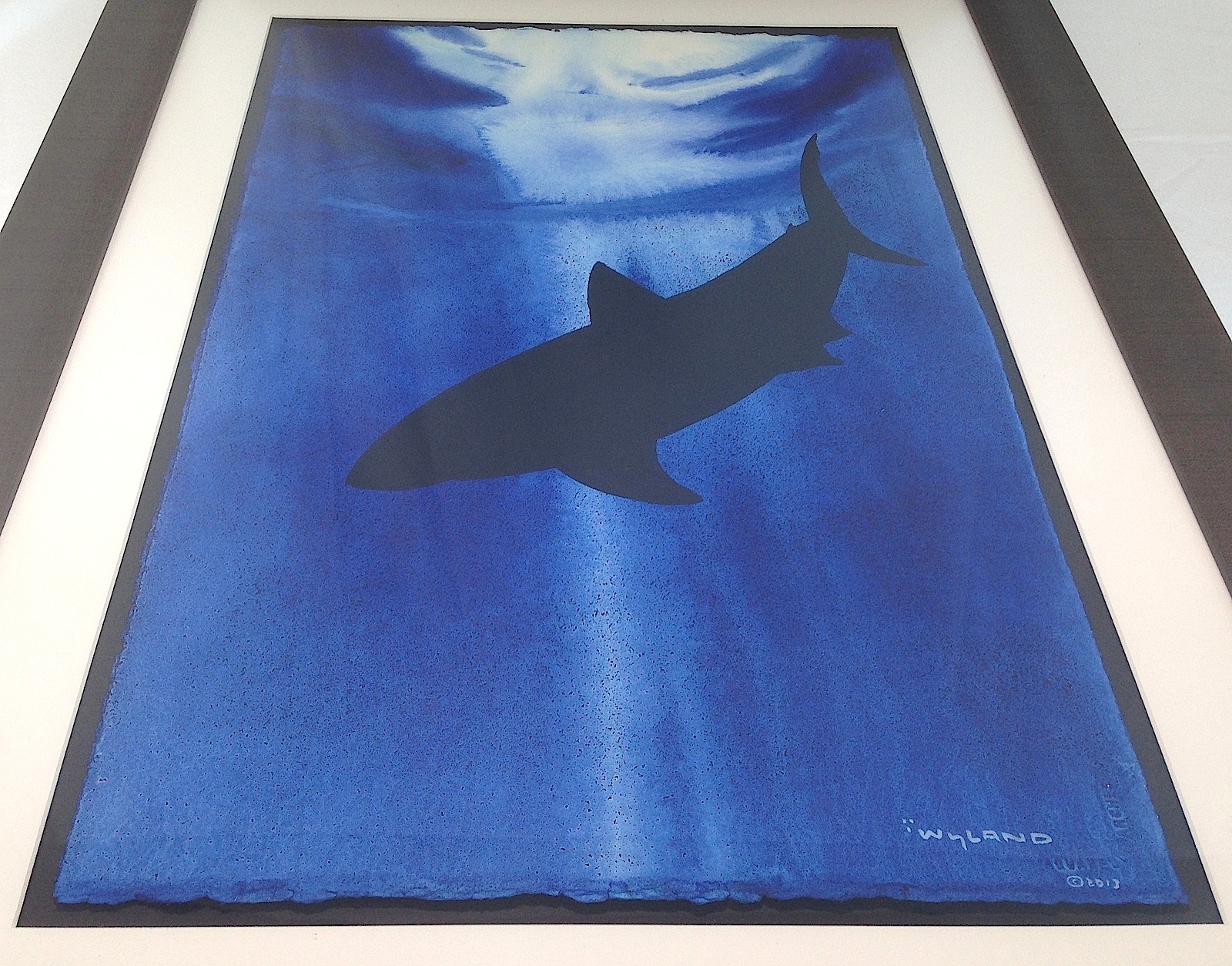 Wyland Signed Custom Framed "Shark" Original 15" x 23" Watercolor Painting 1/1 (Framed to 24" x 32") at PristineAuction.com Wyland Signed Custom Framed "Shark" Original 15" x 23" Watercolor Painting 1/1 (Framed to 24" x 32") at PristineAuction.com