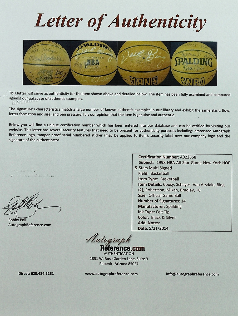 1998 NBA All-Star Basketball Signed by (14) with Bob Cousy, George Mikan, Oscar Robertson (Autograph Reference LOA) at PristineAuction.com 1998 NBA All-Star Basketball Signed by (14) with Bob Cousy, George Mikan, Oscar Robertson (Autograph Reference LOA) at PristineAuction.com
