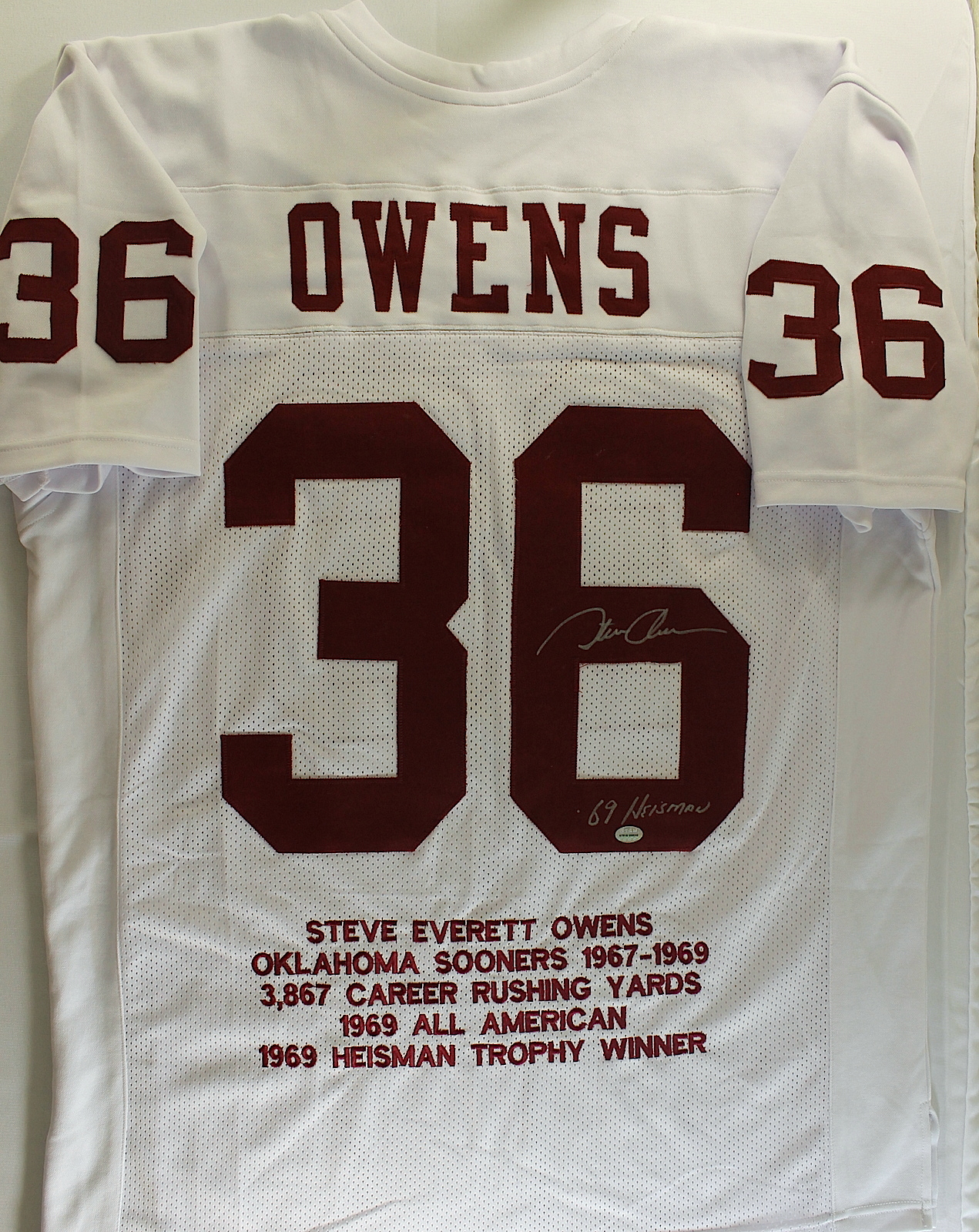 Steve Owens Signed Oklahoma Stat Jersey Inscribed "69 Heisman" (GTSM COA) at PristineAuction.com Steve Owens Signed Oklahoma Stat Jersey Inscribed "69 Heisman" (GTSM COA) at PristineAuction.com