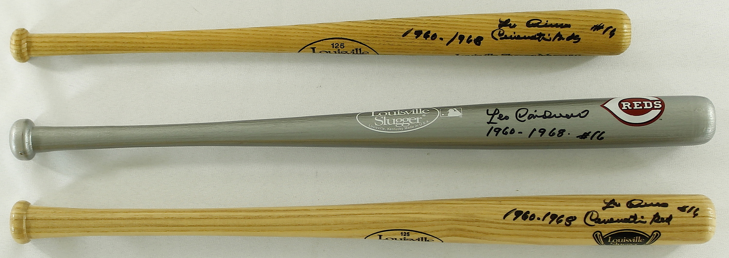 Lot of (3) Leo Cardenas Signed Louisville Slugger Mini Bats Inscribed "1960-1968 Cincinnati Reds" (PA LOA) at PristineAuction.com Lot of (3) Leo Cardenas Signed Louisville Slugger Mini Bats Inscribed "1960-1968 Cincinnati Reds" (PA LOA) at PristineAuction.com
