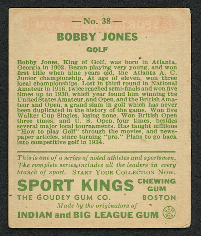 1933 Sport Kings #38 Bobby Jones Golf at PristineAuction.com 1933 Sport Kings #38 Bobby Jones Golf at PristineAuction.com