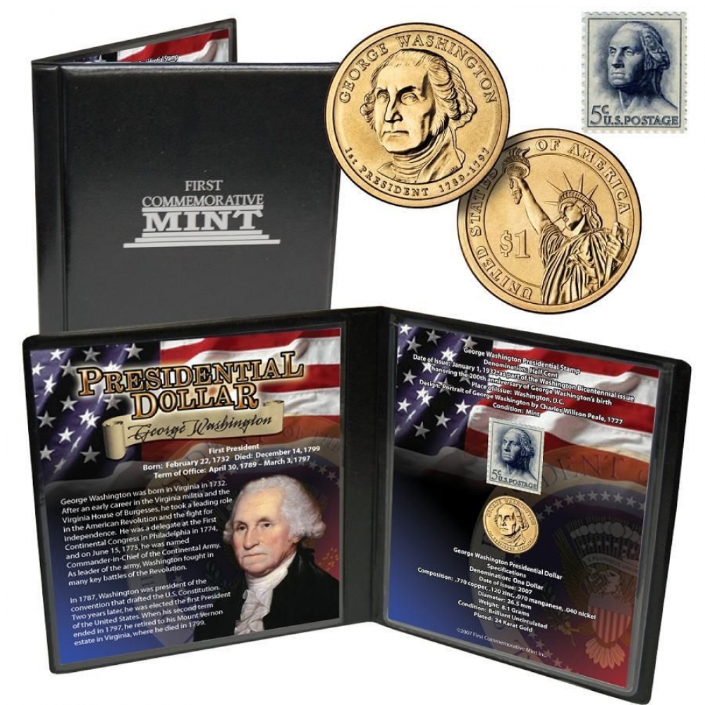 George Washington Display with 24 K Gold Plated Presidential Dollar & Vintage 1932 Half Cent Stamp (COA) at PristineAuction.com George Washington Display with 24 K Gold Plated Presidential Dollar & Vintage 1932 Half Cent Stamp (COA) at PristineAuction.com