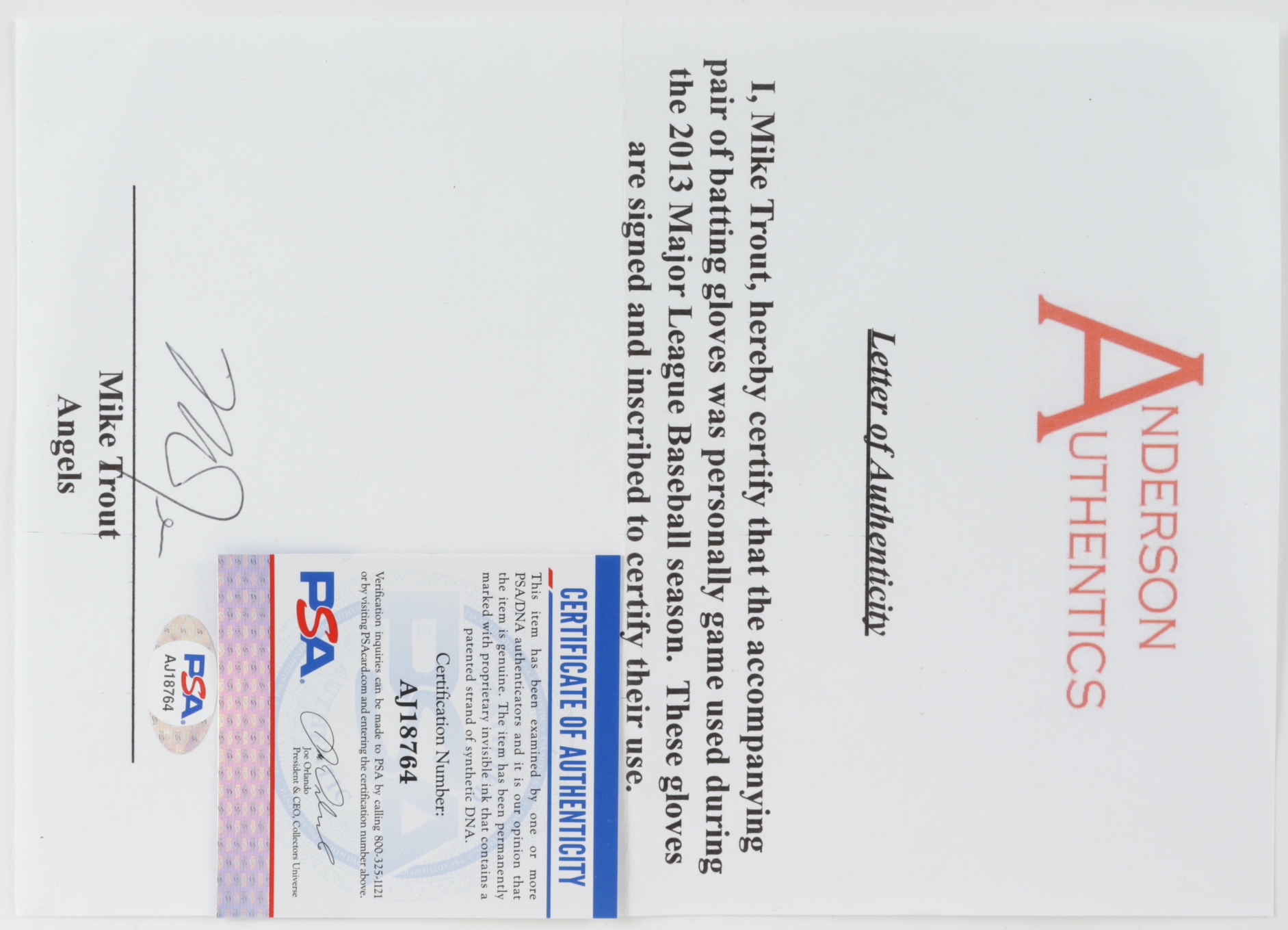 Mike Trout Signed Angels 2015 Nike Game-Used Batting Gloves Inscribed "13 GU" with Full Hand-Signed Letter of Authenticity (PSA LOA & Anderson LOA) at PristineAuction.com Mike Trout Signed Angels 2015 Nike Game-Used Batting Gloves Inscribed "13 GU" with Full Hand-Signed Letter of Authenticity (PSA LOA & Anderson LOA) at PristineAuction.com