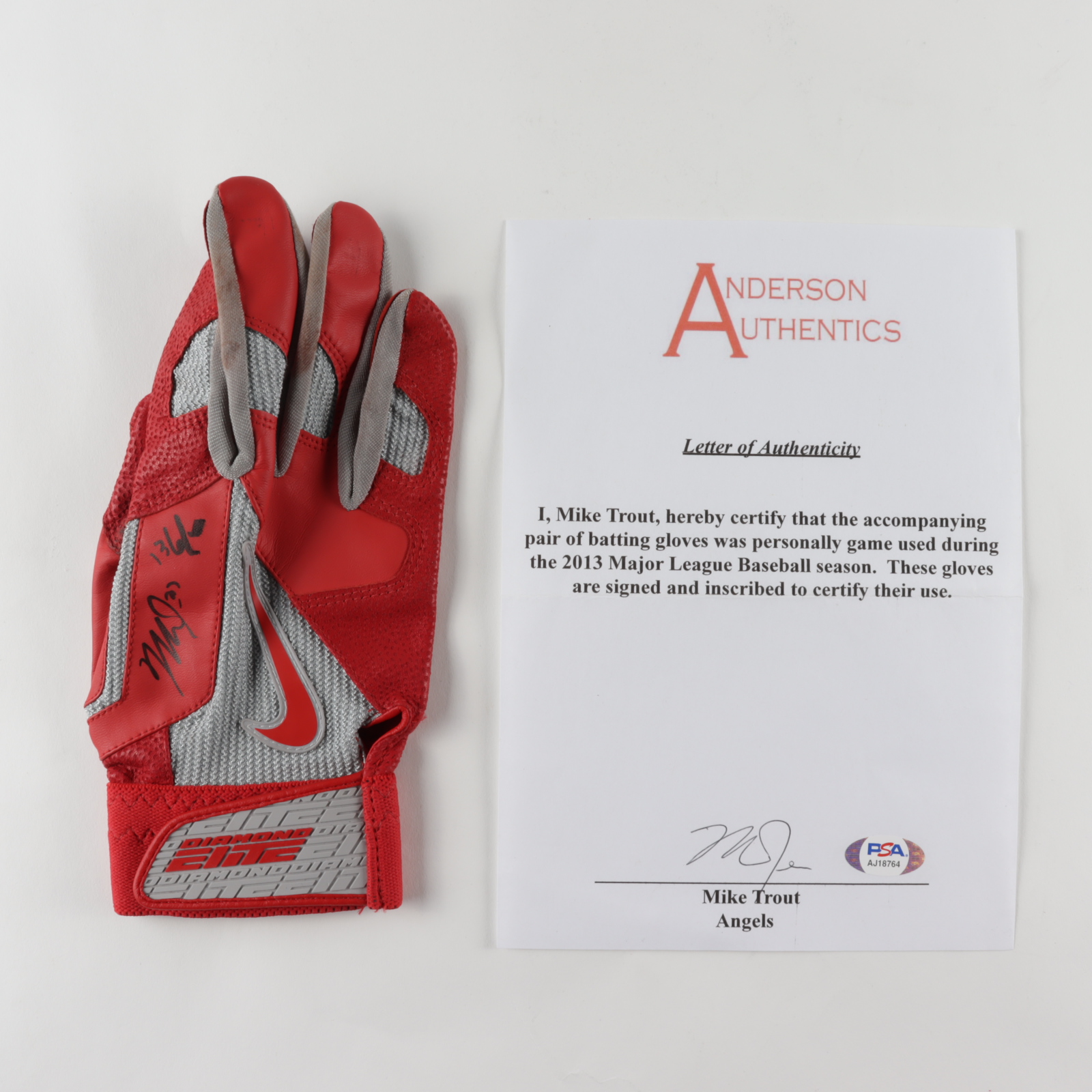 Mike Trout Signed Angels 2015 Nike Game-Used Batting Gloves Inscribed "13 GU" with Full Hand-Signed Letter of Authenticity (PSA LOA & Anderson LOA) at PristineAuction.com Mike Trout Signed Angels 2015 Nike Game-Used Batting Gloves Inscribed "13 GU" with Full Hand-Signed Letter of Authenticity (PSA LOA & Anderson LOA) at PristineAuction.com