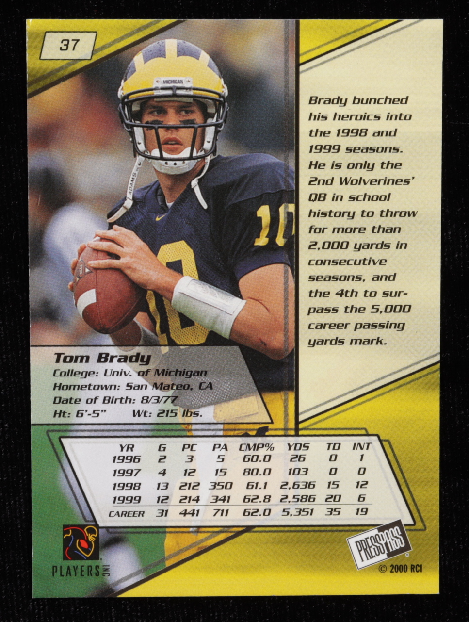 Tom Brady 2000 Press Pass #37 RC at PristineAuction.com Tom Brady 2000 Press Pass #37 RC at PristineAuction.com