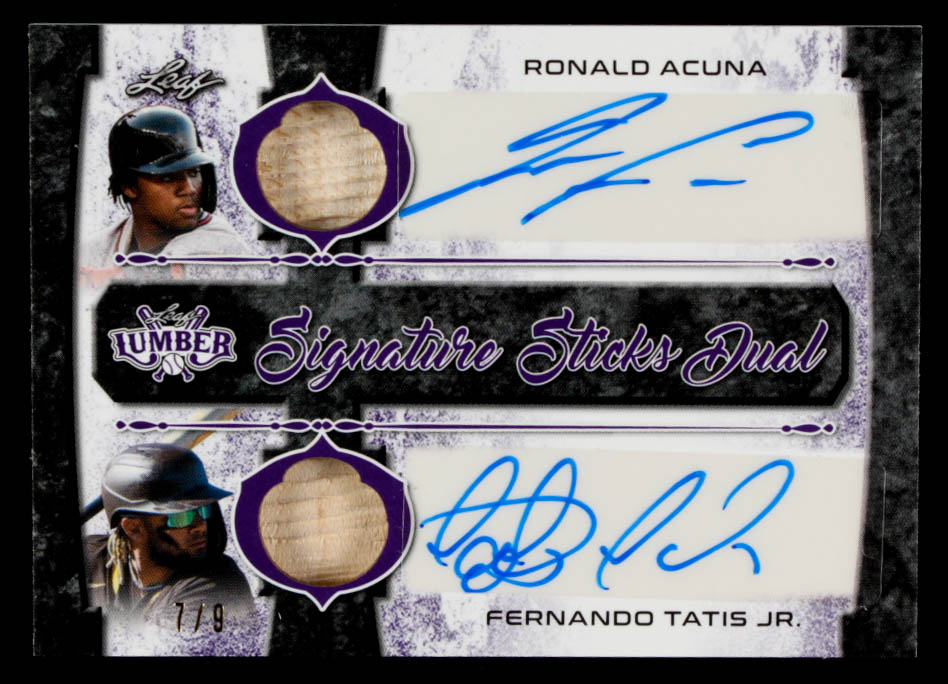 Ronald Acuna / Fernando Tatis Jr. 2021 Leaf Lumber Signature Sticks Dual Purple #SSD02 #7/9 at PristineAuction.com Ronald Acuna / Fernando Tatis Jr. 2021 Leaf Lumber Signature Sticks Dual Purple #SSD02 #7/9 at PristineAuction.com