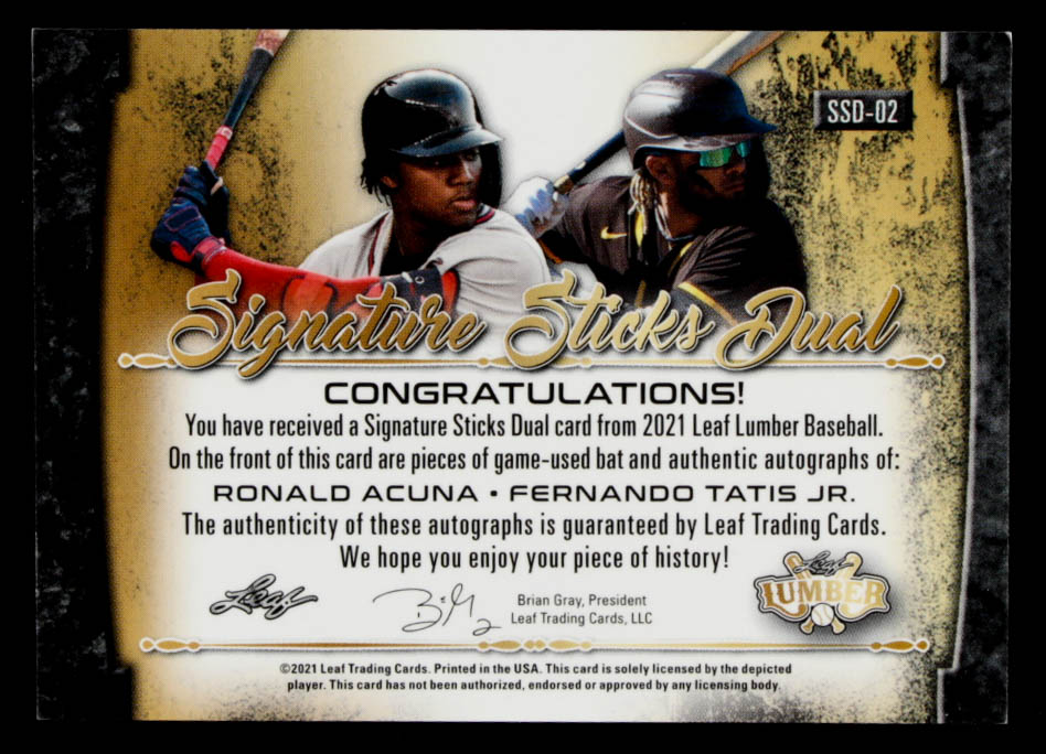 Ronald Acuna / Fernando Tatis Jr. 2021 Leaf Lumber Signature Sticks Dual Purple #SSD02 #7/9 at PristineAuction.com Ronald Acuna / Fernando Tatis Jr. 2021 Leaf Lumber Signature Sticks Dual Purple #SSD02 #7/9 at PristineAuction.com
