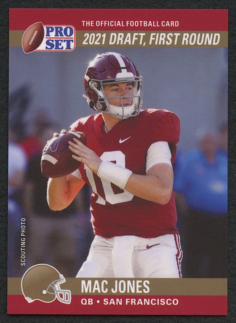 Mac Jones 2021 Pro Set #PSDD9 RC - Rare Red San Francisco 49ers Variation (Super Short Print) at PristineAuction.com Mac Jones 2021 Pro Set #PSDD9 RC - Rare Red San Francisco 49ers Variation (Super Short Print) at PristineAuction.com