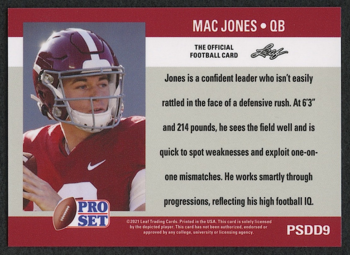 Mac Jones 2021 Pro Set #PSDD9 RC - Rare Red San Francisco 49ers Variation (Super Short Print) at PristineAuction.com Mac Jones 2021 Pro Set #PSDD9 RC - Rare Red San Francisco 49ers Variation (Super Short Print) at PristineAuction.com