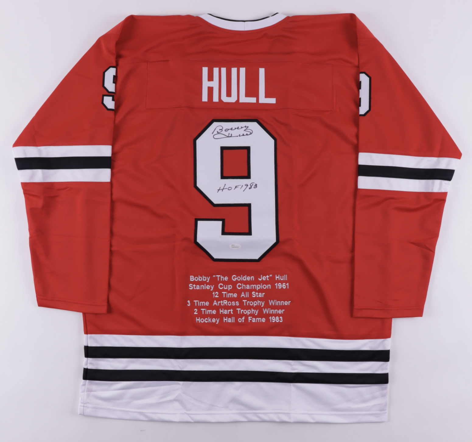 Bobby Hull Signed Career Highlight Stat Jersey Inscribed "HOF 1983" (JSA COA) at PristineAuction.com Bobby Hull Signed Career Highlight Stat Jersey Inscribed "HOF 1983" (JSA COA) at PristineAuction.com