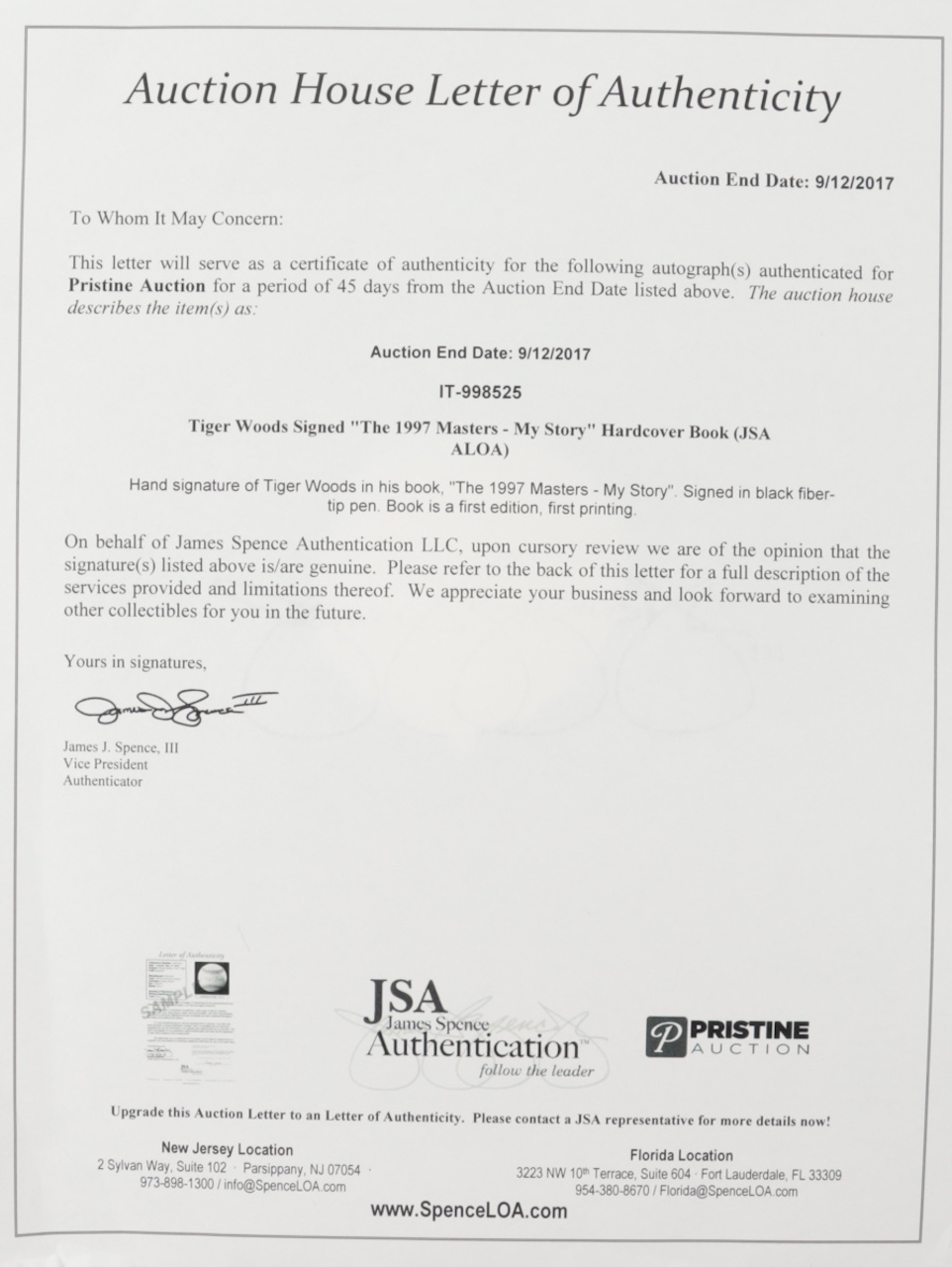 Tiger Woods Signed "The 1997 Masters - My Story" Hardcover Book (JSA ALOA) at PristineAuction.com Tiger Woods Signed "The 1997 Masters - My Story" Hardcover Book (JSA ALOA) at PristineAuction.com