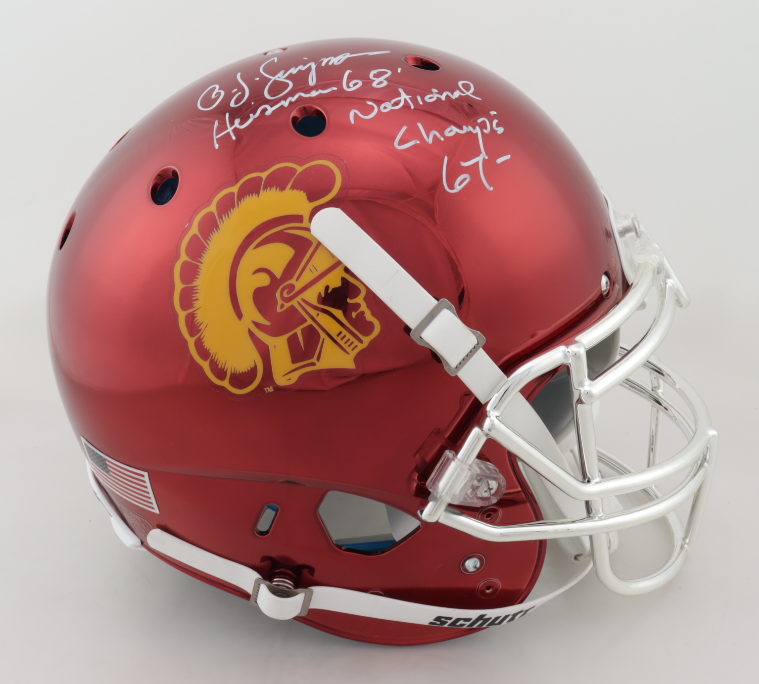 O.J. Simpson Signed USC Trojans Full-Size Authentic On-Field Chrome Helmet Inscribed "Heisman '68" & "National Champs 67" (JSA COA) at PristineAuction.com O.J. Simpson Signed USC Trojans Full-Size Authentic On-Field Chrome Helmet Inscribed "Heisman '68" & "National Champs 67" (JSA COA) at PristineAuction.com